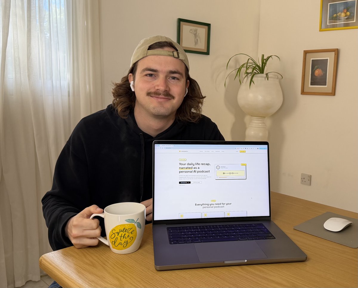 marcfingerdev's tweet photo. My first ever Product Hunt launch. 🍋🚀

I built https://t.co/K1BjnyVOfu to turn your digital life into a personal AI podcast — connect GitHub, Calendar, Strava &amp; more, and get a daily audio recap for your commute.

Built solo. Live now 👇
https://t.co/hnXAcO4YBL https://t.co/z0Qpi0TnMG