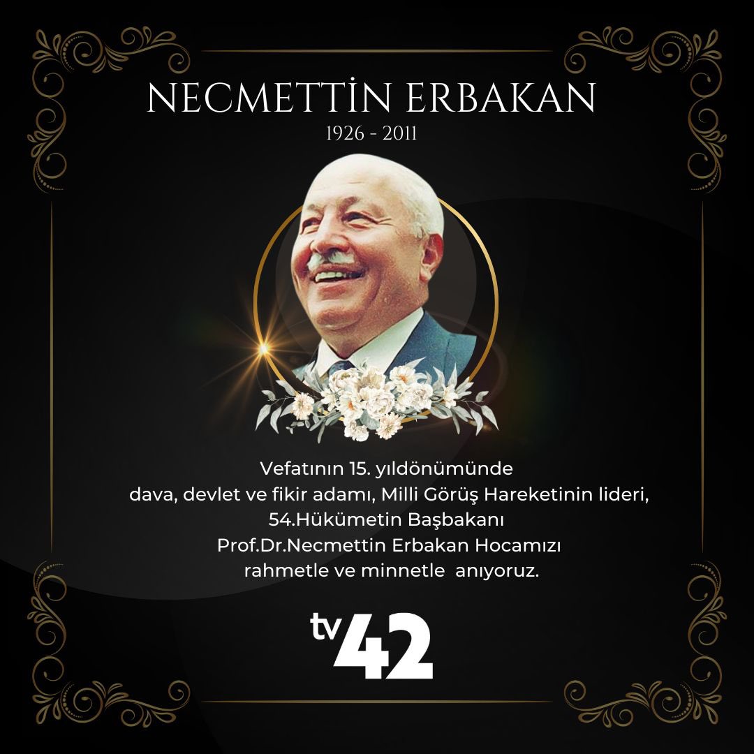 Vefatının 15. yıldönümünde dava, devlet ve fikir adamı, Milli Görüş Hareketinin lideri, 54. Hükümetin Başbakanı Prof. Dr. Necmettin Erbakan Hocamızı rahmetle ve minnetle anıyoruz.
