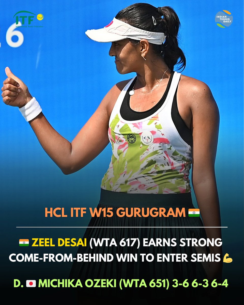 🇮🇳 Zeel Desai marches into Singles Semifinal at HCL ITF W15 Gurugram 💪

3rd seed Desai (WTA 617) bounced back strongly after a first set deficit, getting past 5th seed 🇯🇵 Michika Ozeki (WTA 651) in a tight decider

Scoreline: 3-6 6-3 6-4

She faces 6th seed 🇷🇺 Ekaterina Yashina