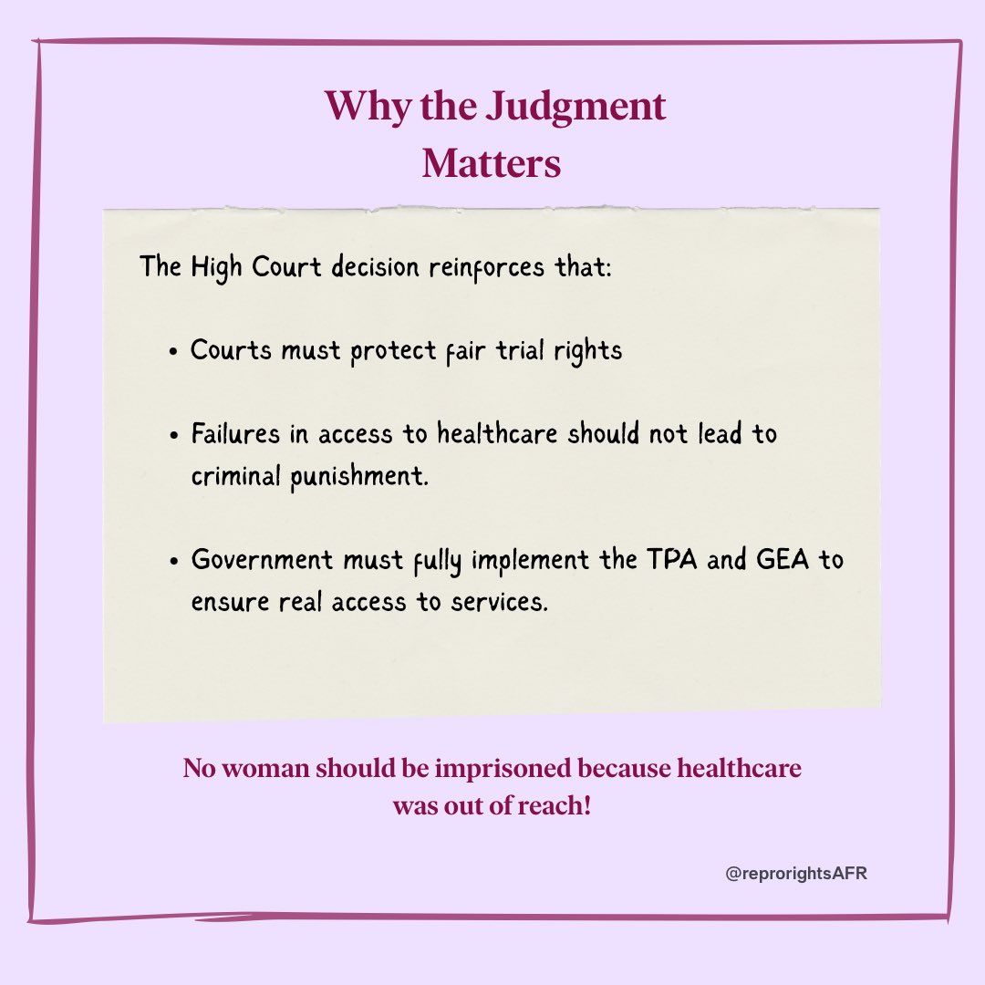 Zambia’s laws protect reproductive health rights but barriers still prevent access in practice.

The High Court decision makes it clear that women must not be criminalised for seeking care and that the Termination of Pregnancy Act and Gender Equity and Equality Act must be fully