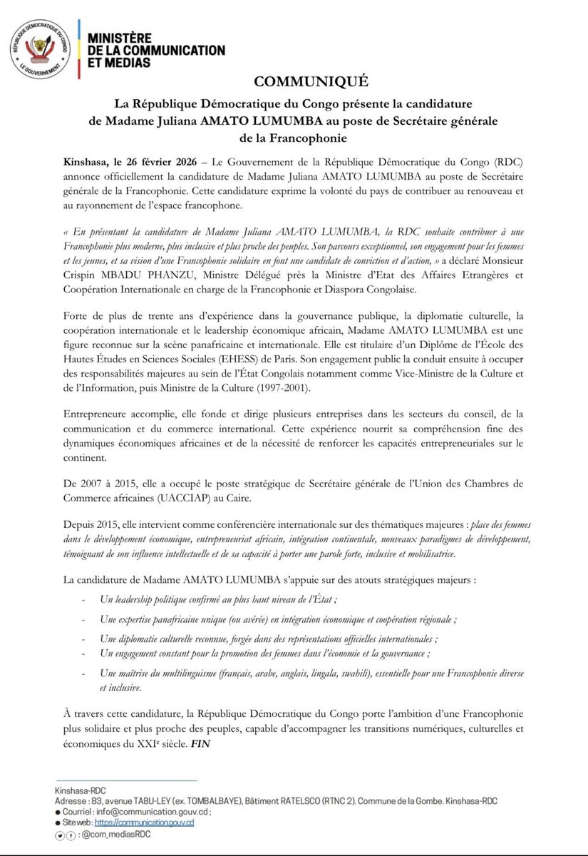 kamba82's tweet image. Francophonie : 
La RDC officialise la candidature de #Juliana #Amato #Lumumba au poste de Secrétaire générale de la Francophonie.

Une vision d’une Francophonie moderne, inclusive et tournée vers les peuples, portée par une expertise panafricaine reconnue. 🇨🇩
@EmmanuelMacron