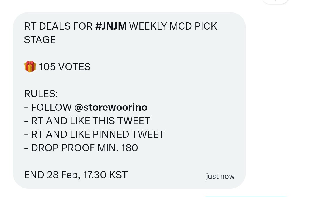 RT DEALS FOR #JNJM WEEKLY MCD PICK STAGE 

🎁 105 VOTES

RULES:
- FOLLOW <a href="/storewoorino/">woorinostore</a>
- RT AND LIKE THIS TWEET
- RT AND LIKE PINNED TWEET
- DROP PROOF MIN. 180

END 28 Feb, 17.30 KST