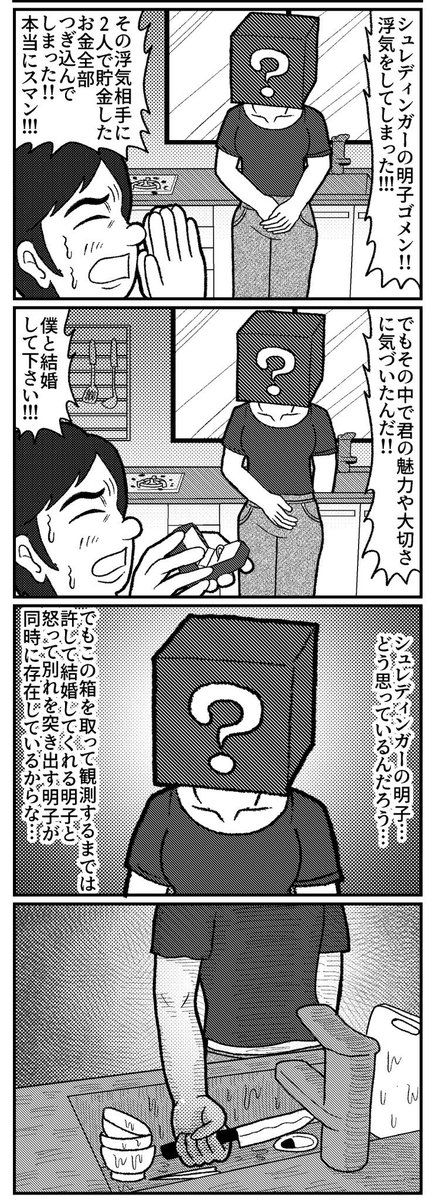 シュレディンガーの明子の4コマ(再掲)
#4コマ #4コマ漫画 #漫画が読めるハッシュタグ #イラスト #イラスト王国 #山口幕府のお漫画 #創作漫画 