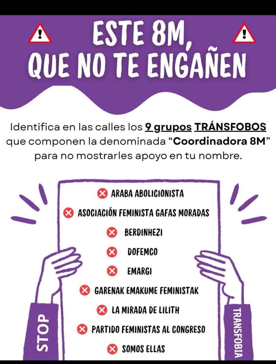Zurine3's tweet photo. Eso, eso, que no te engañen. Las agrupaciones del recuadro somos las feministas, las que no consideramos la explotación sexual un trabajo ni los estereotipos de género una identidad https://t.co/iHOczzPEH3