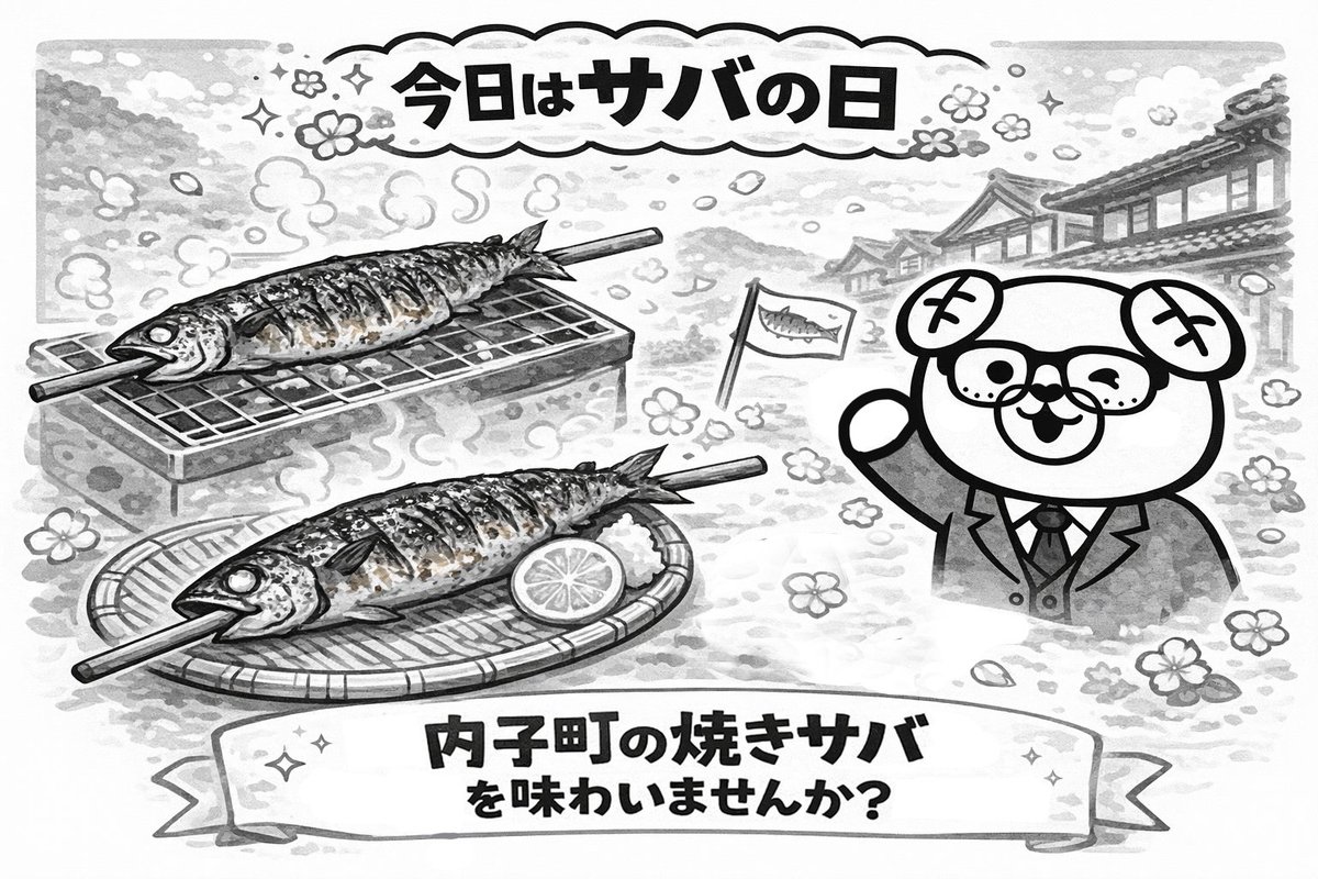おはようございます。まじめ課長です。今日はサバの日。内子町では一尾まるごと串に刺した焼きサバがソウルフード。香ばしい香りとじゅわっと広がる脂がたまりません。春のお出かけがてら味わってみませんか？