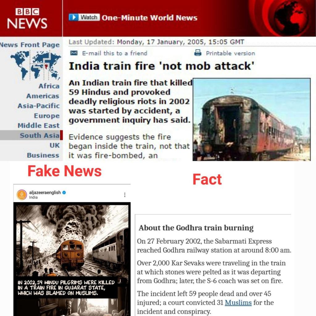AskAnshul's tweet photo. On this day in 2002, 59 Hindu pilgrims including 10 children & 27 women were burnt alive in train by radical mob in Godhra.

How international media tried to whitewash the attack:

1) BBC: The train fire was 'not mob attack'.

2) Al Jazeera: it was just a fire incident.

Fact: 31 Islamists convicted for attacking & burning the train.