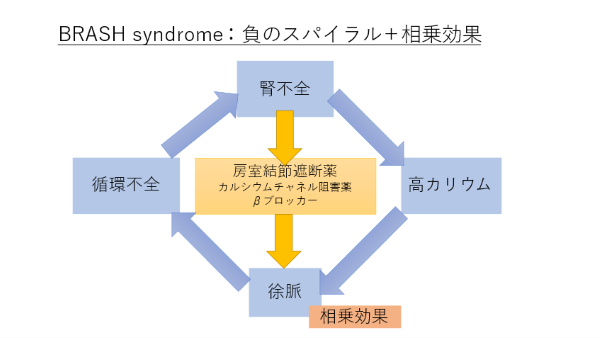 tknmzo's tweet photo. BRASH症候群

・Bradycardia ・Renal failure ・AV nodal blockade ・Shock・Hyperkalemiaの頭文字を取って2016年に命名された病態・症候群

房室結節遮断薬(BB,CCB)と高カリウム血症が相乗的に働くことで発症。 徐脈により心拍出量が低下すると、腎血流が低下して急性腎障害が引き起こされます。その結果、カリウムや腎排泄型の房室結節遮断薬が体内に蓄積し、さらに徐脈が悪化するという悪循環になる

Β遮断薬・MRA・RAS阻害/ARNI・SGLT2阻害薬の多剤内服で、腎機能悪い中脱水になると起こりやすく、いわゆるGDMTがゴリゴリにリスクになる

ただの高カリウム血症とは異なり、Kがそんなに高くないこと・心電図変化が乏しいことが鑑別のポイント

それぞれの病態に総合的に介入しないとならないので、知っとくと良きです！

https://t.co/WtdoYcL9SH