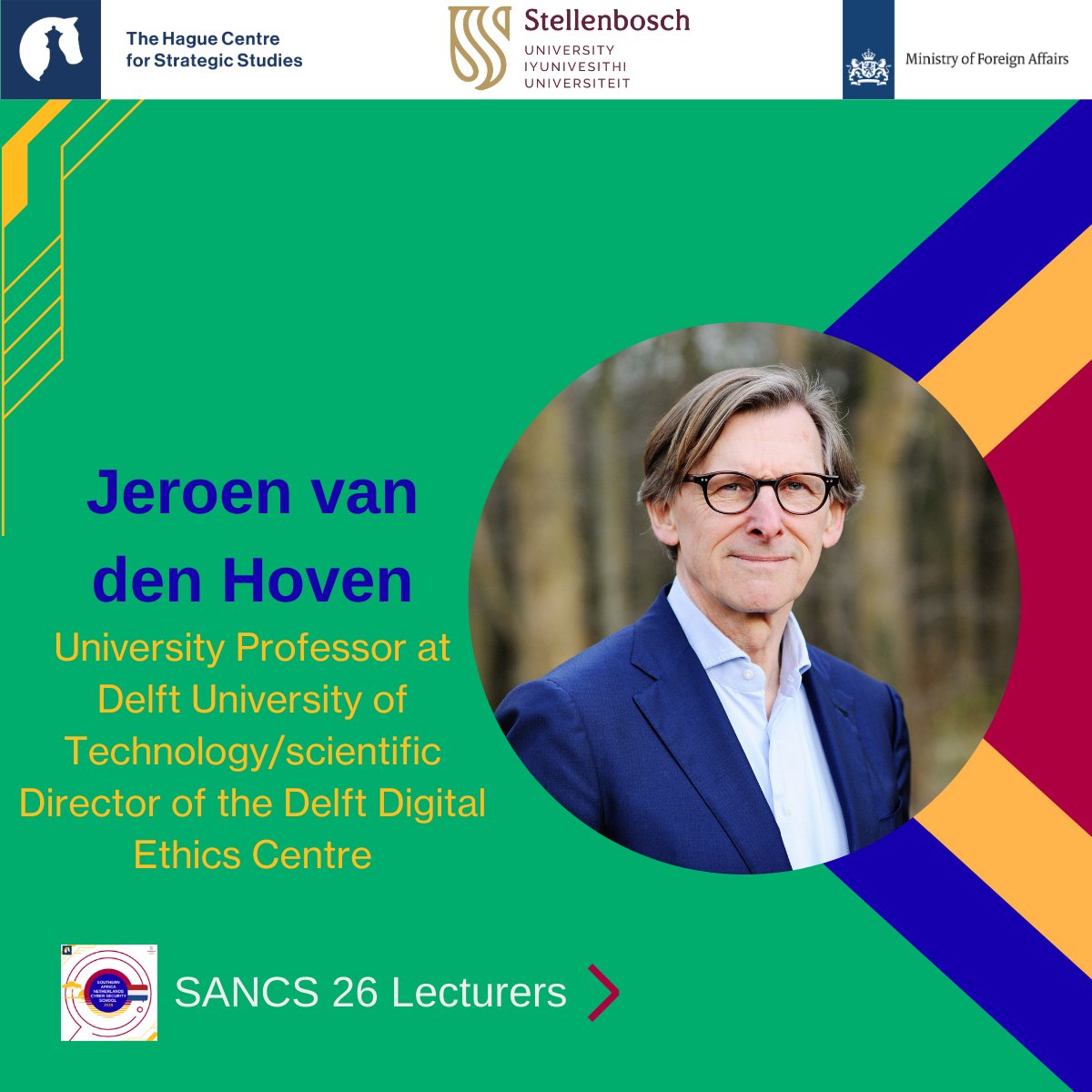 SANCS26's tweet photo. New speaker announcement! Jeroen van den Hoven will provide a lecture on Ethics of AI at #SANCS26. He is University Professor at TU Delft.

The lecture will take place on March 25 from 16:00-17:00 CET / 17:00-18:00 SAST online on Microsoft Teams. https://t.co/TYkgVDk0sL