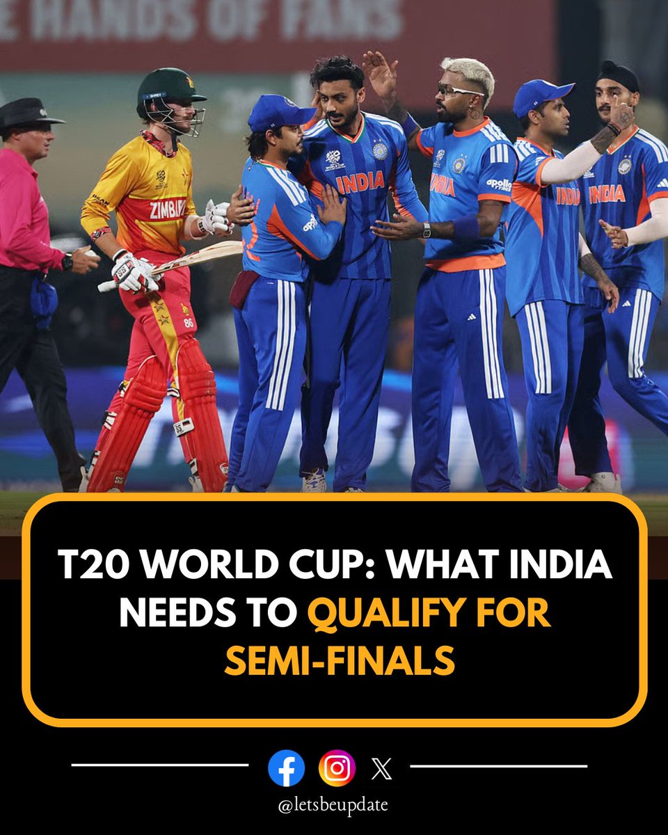 LetsBeUpdate's tweet photo. As the group stage reaches its decisive phase, India’s road to the semi-finals is intense but clear.🔹 Win and Seal It
A victory in this crucial clash will almost certainly secure India a top-two finish in the group #T20WorldCup
#TeamIndia
#RoadToSemis
#CricketFever
#BleedBlue https://t.co/s6mp8YyidG