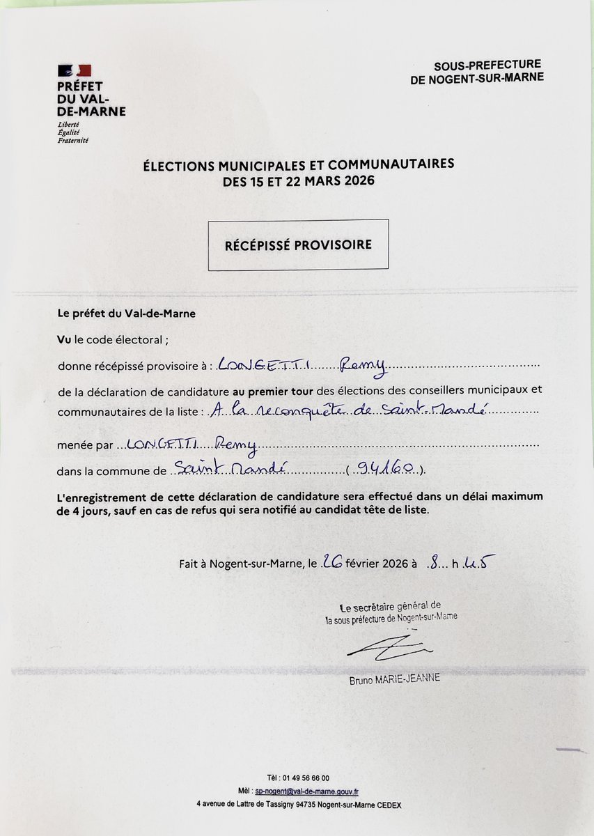 remy_longetti's tweet photo. @R_Saint_Mande Chers amis et soutiens de notre liste " A la Reconquête de Saint-Mandé" j'ai la joie de vous annoncer que nous serons au rendez-vous des élections municipales des 15 et 22 mars... Voici le récépissé de son dépôt.. Notre liste regroupe largement au-delà de notre parti politique et réunie plusieurs sensibilités de droite... merci à vous tous !