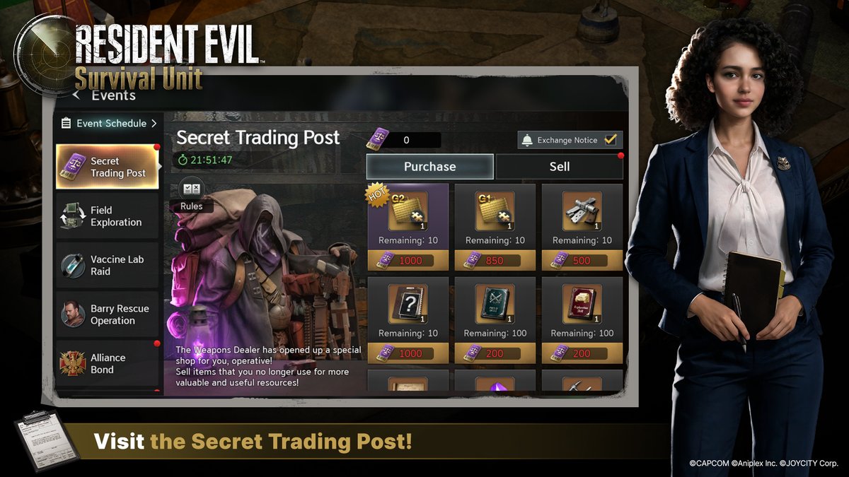 RE_SU_EN's tweet photo. 【Secret Trading Post】

The “Secret Trading Post”  event is now live 💎

Once every four weeks, a mysterious merchant appears for a limited time of two days, bringing a different selection of items each visit 🧳

Exchange unused items for Secret Exchange Tickets and obtain new rewards.

What items will appear next…?
Stay tuned 👀

#ResidentEvil #SurvivalUnit #RESU