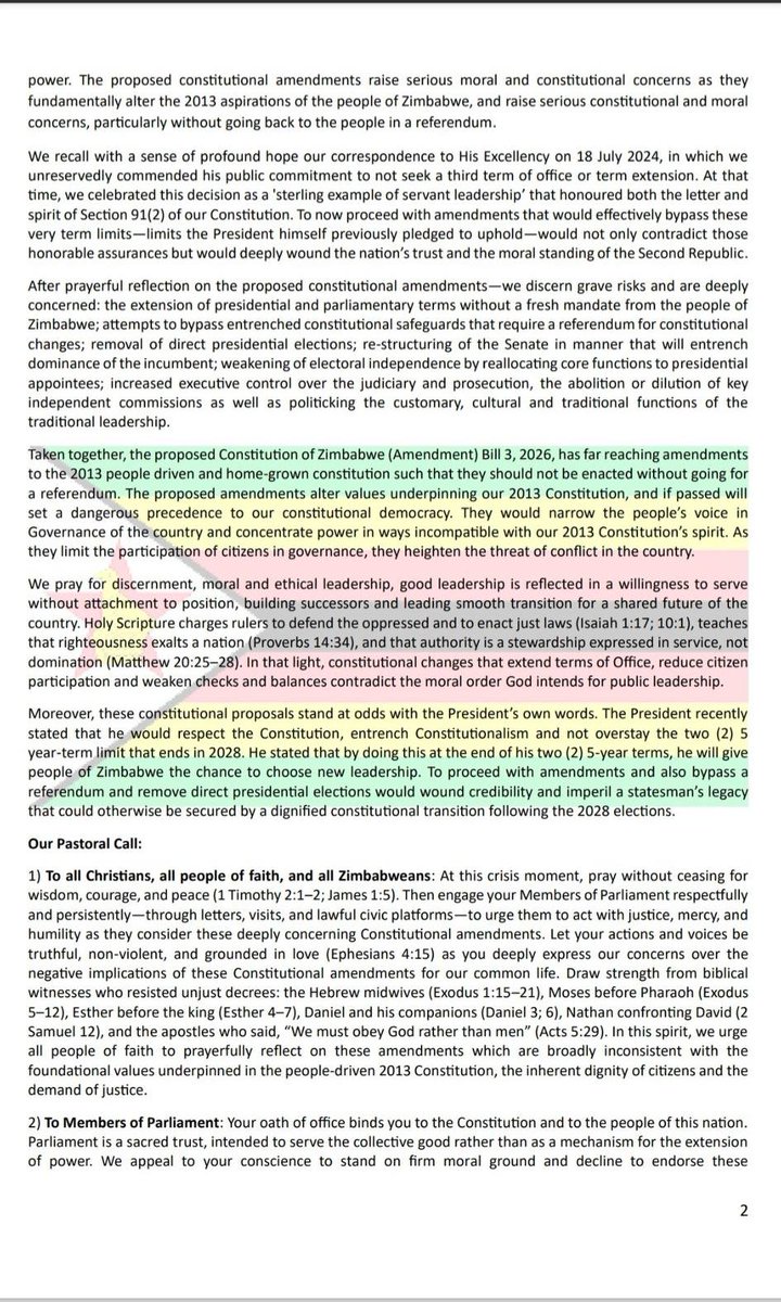 ZCBCSOCCOM24's tweet photo. The Zimbabwe Heads of Christian Denominations' pastoral statement on the proposed Constitution of Zimbabwe Amendment (No 3) Bill.
@VaticanNews @NewZimbabweCom @ZBCNewsonline @NewsHawksLive @HarareCCJP @CAFOD @cnalive @CorahOnline @Harringtonchum3 @paulinechateuk1 https://t.co/8lJUV4bJxK