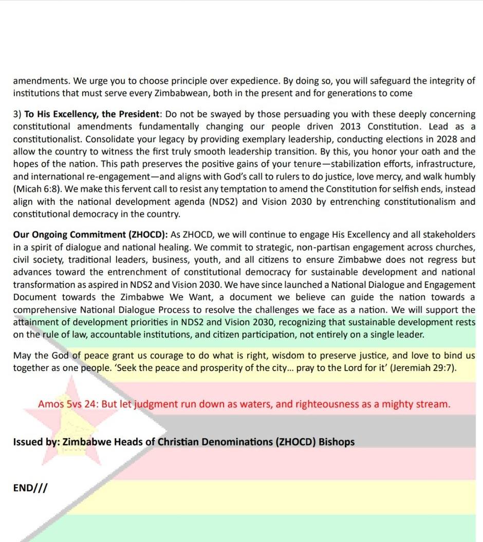 ZCBCSOCCOM24's tweet photo. The Zimbabwe Heads of Christian Denominations' pastoral statement on the proposed Constitution of Zimbabwe Amendment (No 3) Bill.
@VaticanNews @NewZimbabweCom @ZBCNewsonline @NewsHawksLive @HarareCCJP @CAFOD @cnalive @CorahOnline @Harringtonchum3 @paulinechateuk1 https://t.co/8lJUV4bJxK