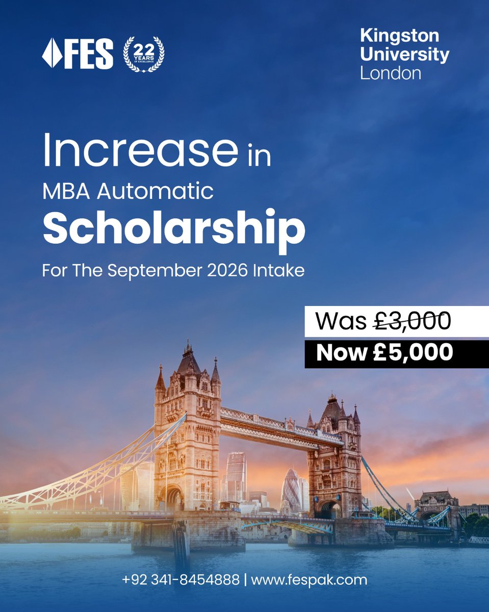 The MBA Automatic Scholarship at Kingston University has been increased for the September 2026 intake, now £5,000 instead of £3,000. More funding, less financial stress and a stronger start to your international career. Secure your place at a leading UK university with expert