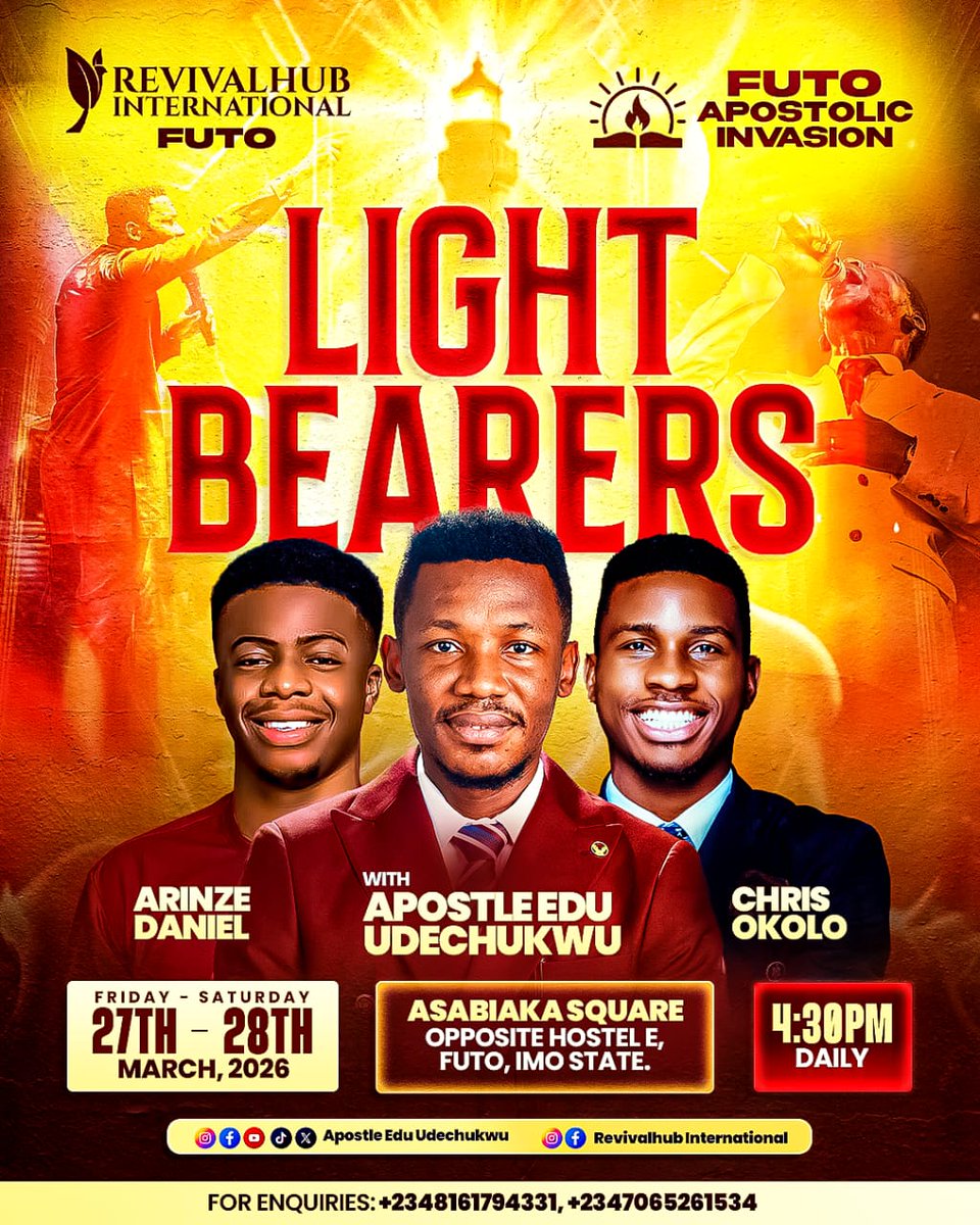 EduUdechukwu's tweet photo. FUTO APOSTOLIC INVASION 2026

God is set to do something Heavy in the Territory of Owerri📷

Join us from the 27th-28th of March 2026 at Asiabaka Square, Opposite Hostel E, Federal University of Technology Owerri, For a mighty move of God!! https://t.co/aDNfc4GYmt