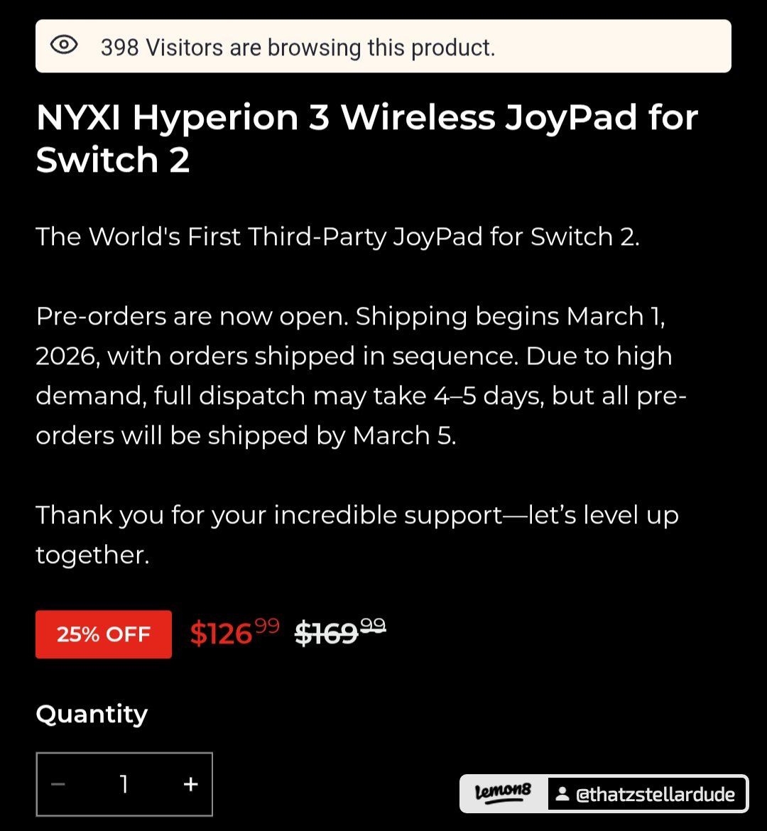 stellar_that's tweet photo. ✨I Got In This Pre-Order: 🎮NYXI Hyperion 3
+ The NYXI Hyperion 3 wireless joypad for Switch 2 is currently available for pre-order, with the first batch beginning to ship on March 1, 2026. Due to high demand, shipping continues sequentially through early March 2026. 
#PreOrders https://t.co/gc4zeetdA5