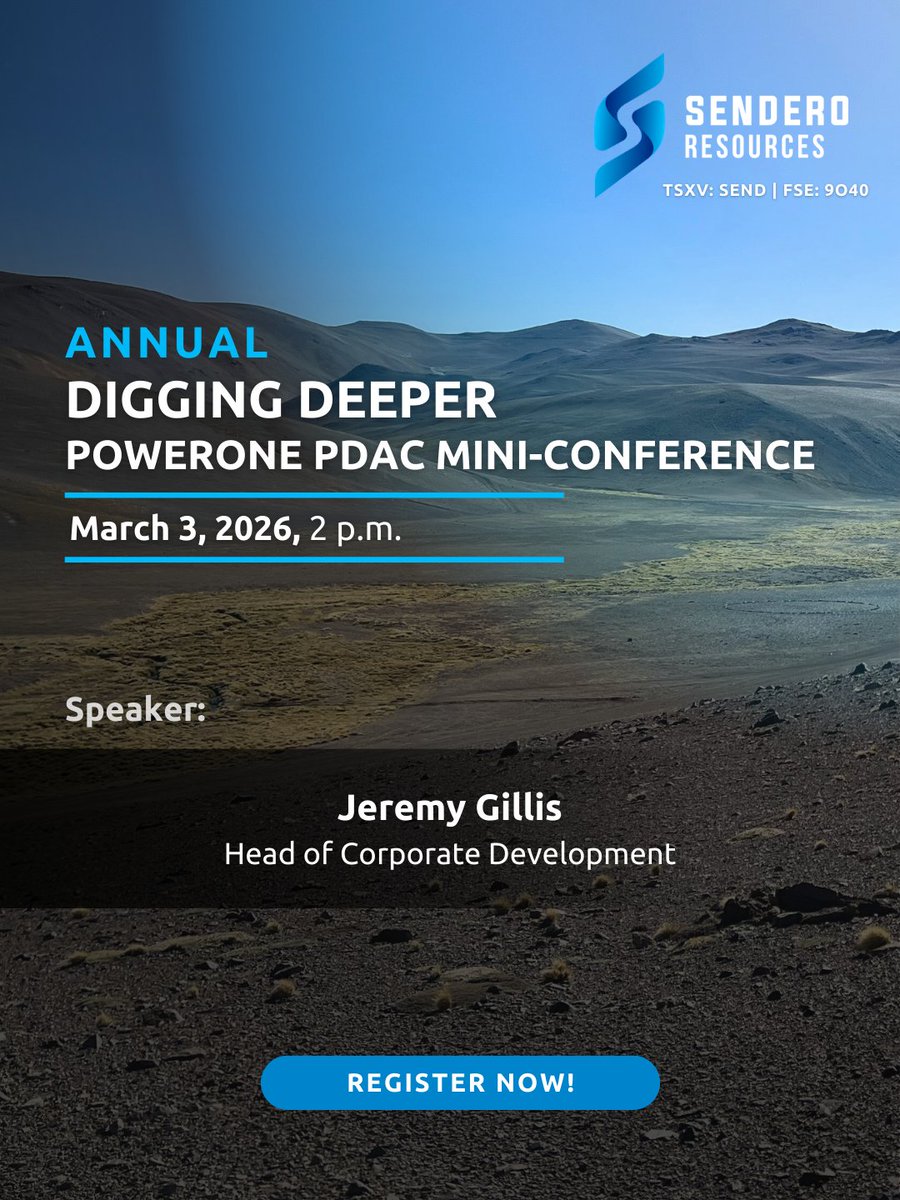 SenderoRes's tweet photo. 🔎 Sendero Resources is pleased to announce that we will be presenting at the Annual DIGGING DEEPER: PowerOne PDAC Mini-Conference in Toronto.

📅 Tue, March 3, 2026
🕑 Presentation at 2PM
📍 Modus Ristorante, 145 King St West

Register: https://t.co/bjQ1cmx3am

#PDAC2026 $SEND.v https://t.co/LFZGRpPZpf