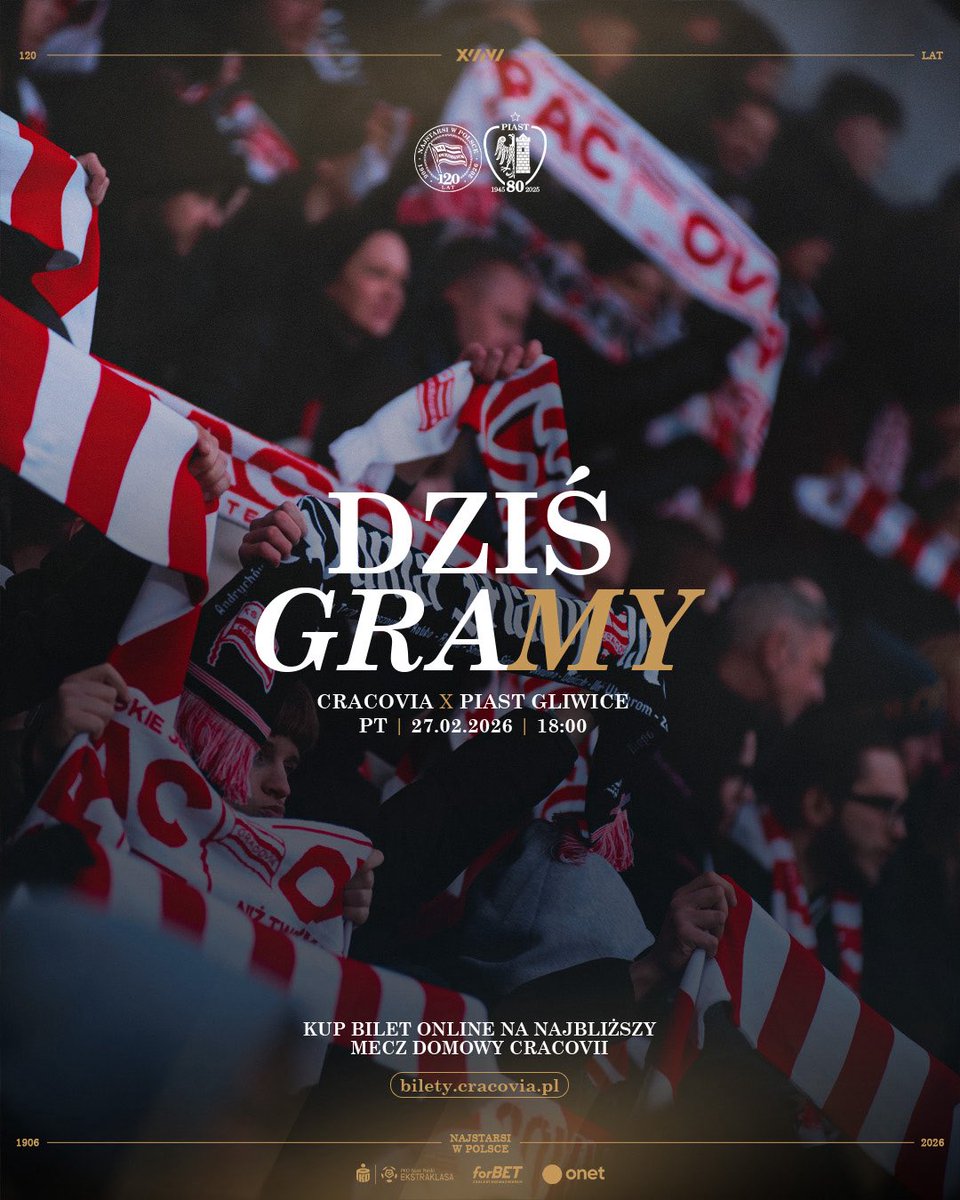 KSCracoviaSA's tweet photo. DZIŚ GRAMY! ⚪️🔴

⚽️ 23. kolejka PKO Bank Polski Ekstraklasa  
🆚 Piast Gliwice
🏟️ Stadion Cracovii  
📅 27.02.2026 | 18:00
📺 CANAL+ | CANAL+ SPORT 3 | CANAL+ SPORT 5
💻 https://t.co/Yt5kkptBnM
📲 #CRAPIA https://t.co/SJgIQBTSwY