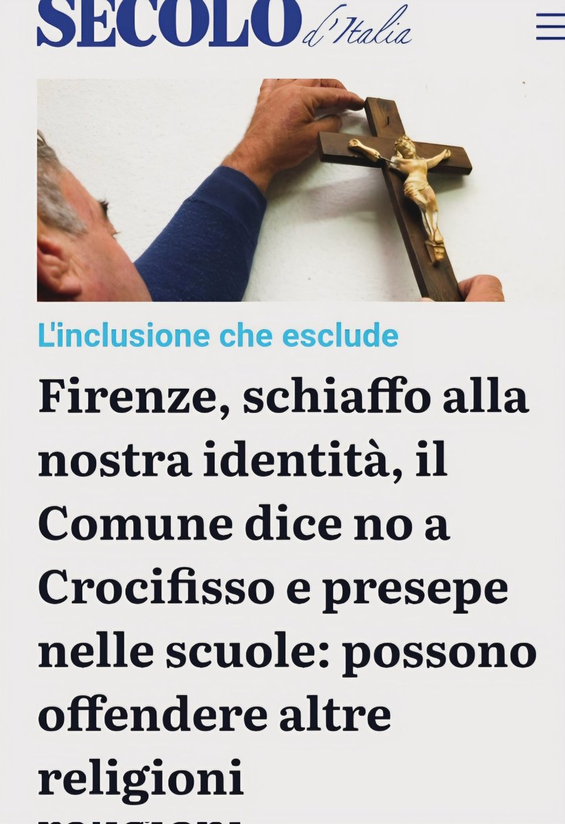 Via #crocifisso e #presepe dalle #scuole.
Sennò me se offende l'islamico.
Poi chiudiamole pure per la fine del #Ramadan.
E facciamo anche un bel #burqa per tutte le ragazze e non se ne parli più.
Ma siamo a #Firenze o a Islamabad?

#27febbraio