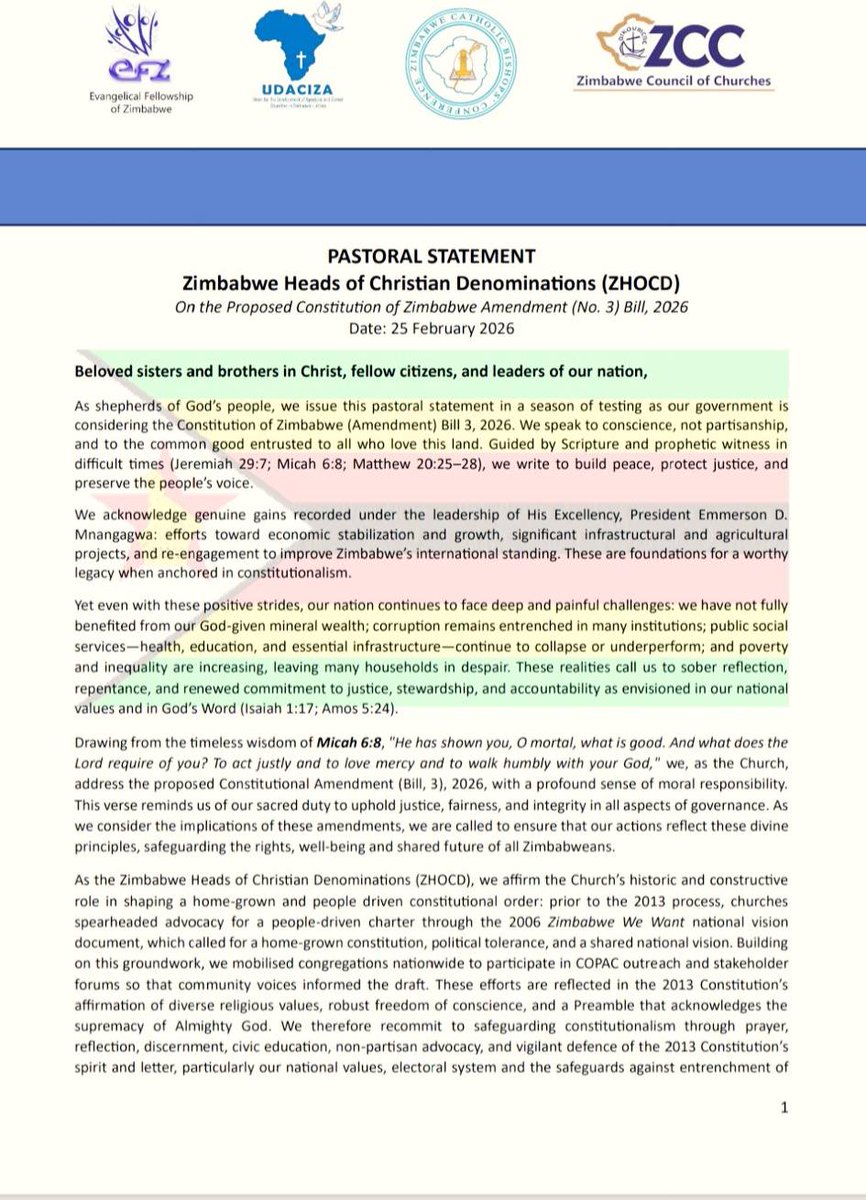 ZCBCSOCCOM24's tweet photo. The Zimbabwe Heads of Christian Denominations' pastoral statement on the proposed Constitution of Zimbabwe Amendment (No 3) Bill.
@VaticanNews @NewZimbabweCom @ZBCNewsonline @NewsHawksLive @HarareCCJP @CAFOD @cnalive @CorahOnline @Harringtonchum3 @paulinechateuk1 https://t.co/8lJUV4bJxK