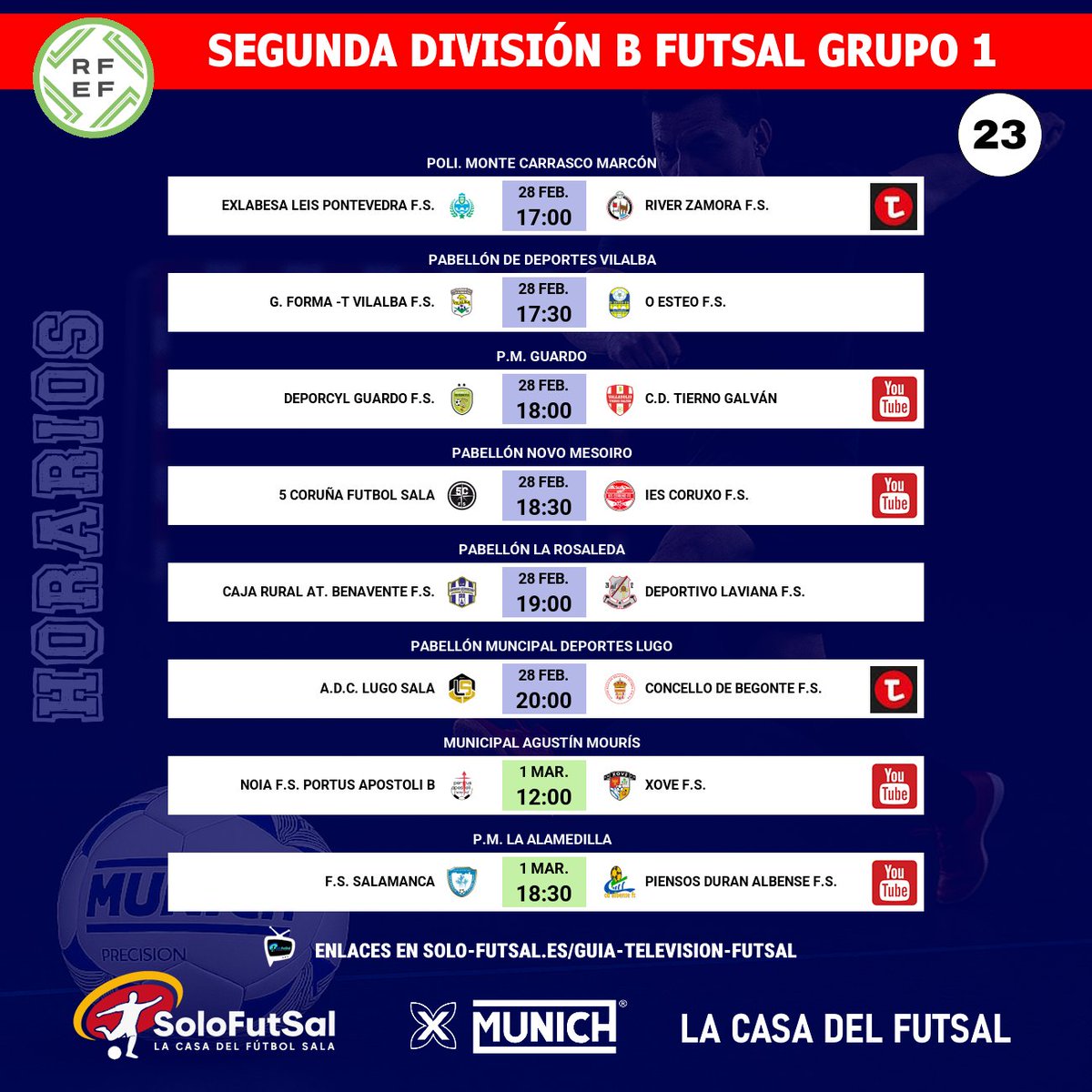 🟥 2⃣ª🅱️ DIVISIÓN FUTSAL – GRUPO 1⃣
📆 23ª JORNADA · ⏰ Horarios

⚡ Nuevas Clasificaciones.
👉 ¡Evolución, Rachas, Calculadora... las nuevas clasificaciones de Solo-FutSal!

✍️ Consulta los horarios de la jornada y sigue los marcadores en DIRECTO
📎 solo-futsal.es/segunda-divisi…

📆