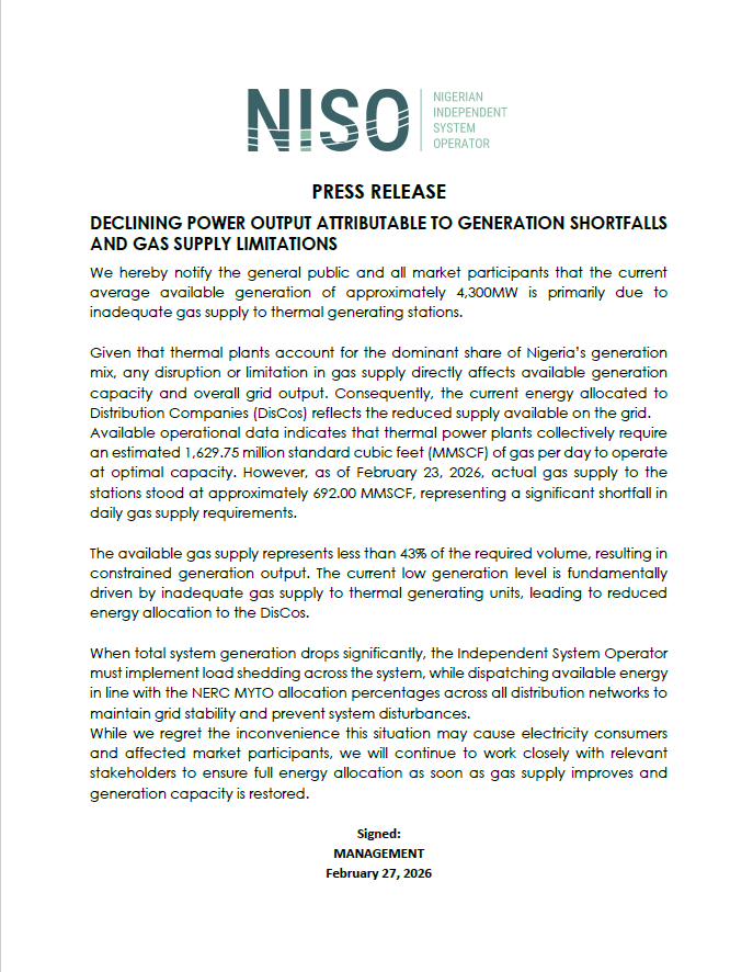 Nigerian Independent System Operator tweet media