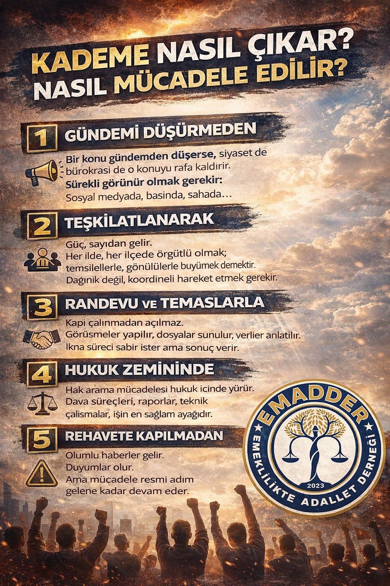 📌 KADEME NASIL ÇIKAR? NASIL MÜCADELE EDİLİR?

Kademe bir günde çıkmaz.
Kademe masa başında lütuf olarak verilmez.
Kademe; planlı, disiplinli ve sabırlı mücadele ile çıkar.

Peki nasıl?

1️⃣ Gündemi Düşürmeden

Bir konu gündemden düşerse, siyaset de bürokrasi de o konuyu rafa