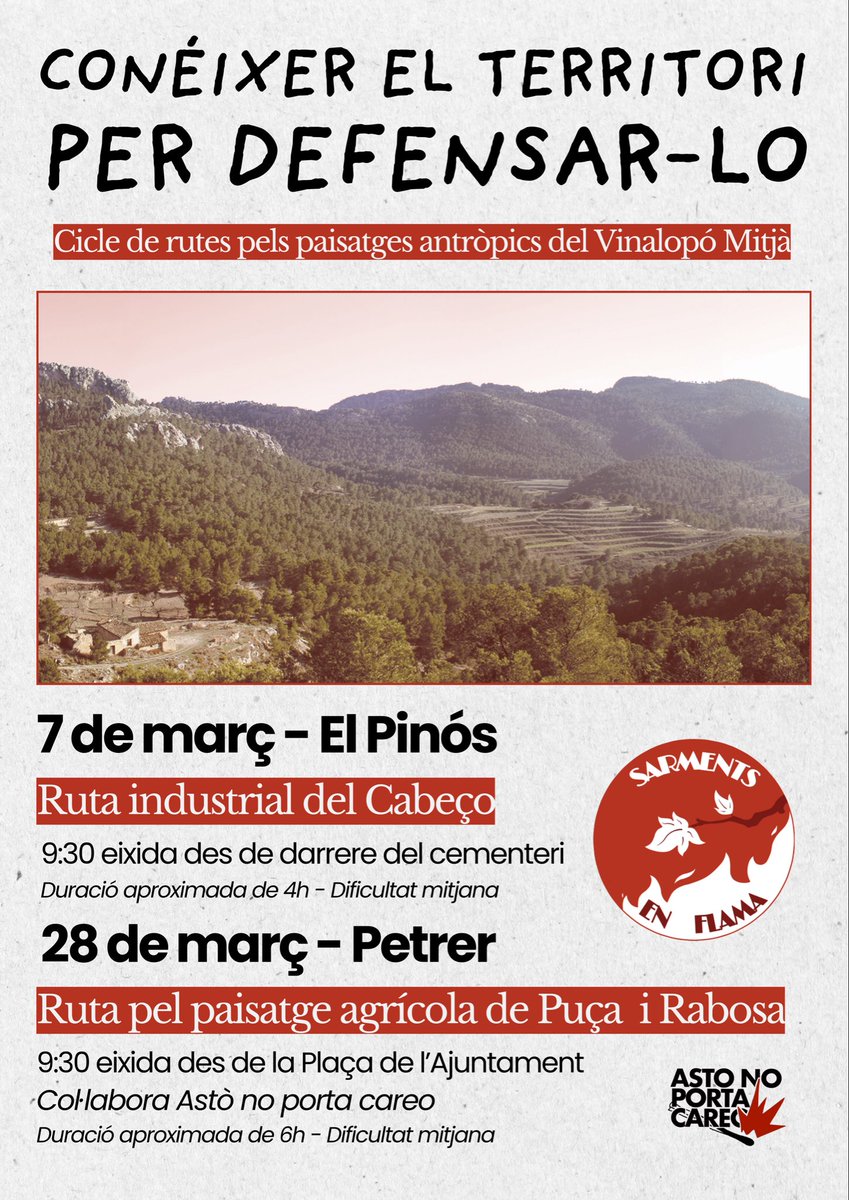 Encetem un cicle de rutes pels paisatges del Vinalopó Mitjà. 

Conéixer el patrimoni rural, constructiu i natural per entendre el lloc on vivim i articular una resposta davant les amenaces extractivistes i de la crisi climàtica.

Inscripcions a vinalopom@gmail.com o per missatge.