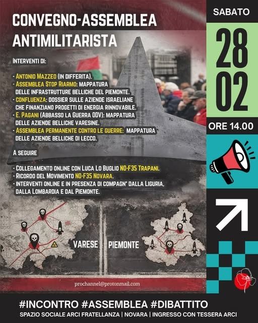 mazzeoantonio's tweet image. #Cameri (#Novara), sabato 28 febbraio, ore 14. Convegno-assemblea #antimilitarista. Intervengono: Antonio Mazzeo, Assemblea Stop Riarmo; Confluenza; Elio Pagani; Assemblea permanente contro le guerre; Luca Lo Buglio (#NoF35 Trapani); antimilitaristi di Piemone Liguria e Lombardia