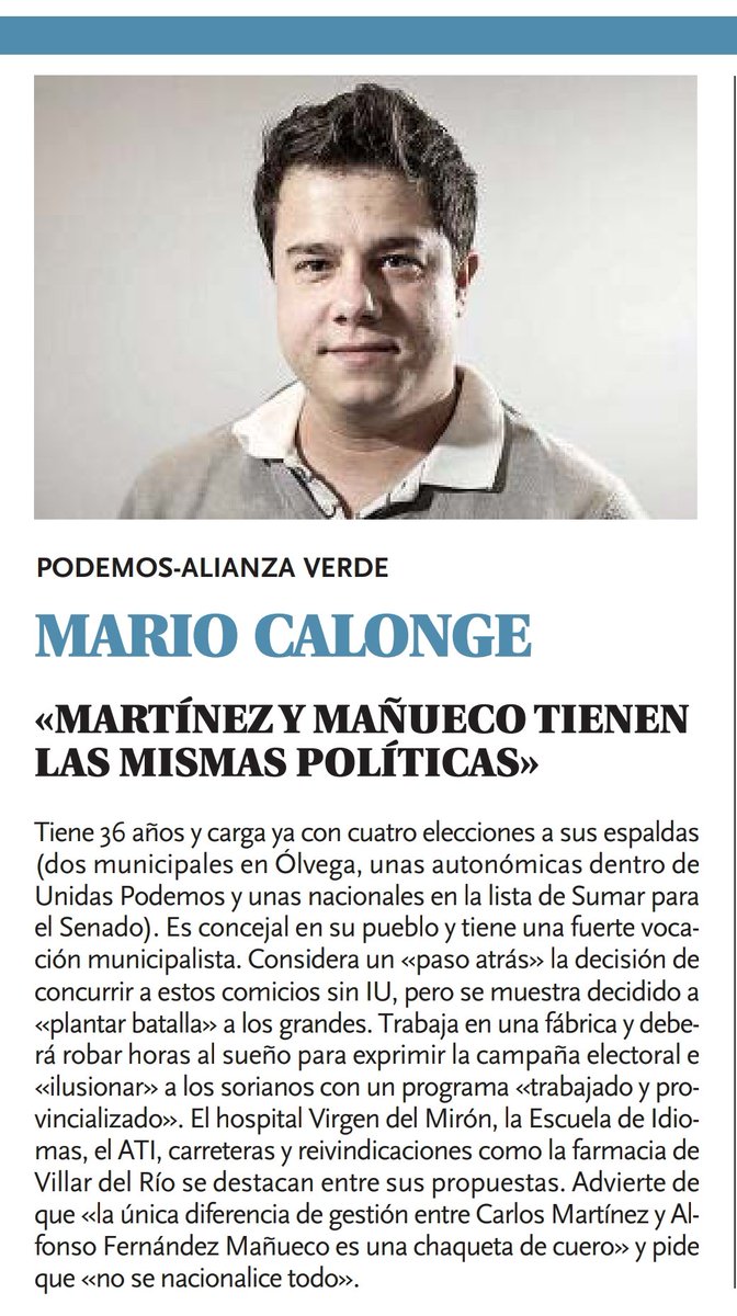 El hospital Virgen del Mirón, la Escuela de Idiomas, el ATI, 
carreteras y la farmacia de 
Villar del Río se destacan entre sus propuestas. «la única diferencia de gestión entre Carlos Martínez y Mañueco es una chaqueta de cuero»
<a href="/mario_olvega/">Mario Calonge</a> 
Por Dignidad
#VotaValentía