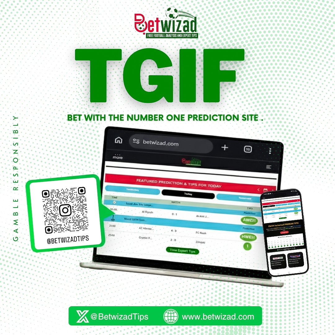 BetwizadTips's tweet photo. TGIF shootout is here 🔥⚽
Step into the weekend with confidence backed by expert picks deep analysis and winning insights on https://t.co/yjxZN8I7Oa 📊
Big games. Smart moves. Real chances to win. Play wisely.
#Betwizad #WeekendGames #SmartBets #FootballTips #Matchday #PlayResponsibly