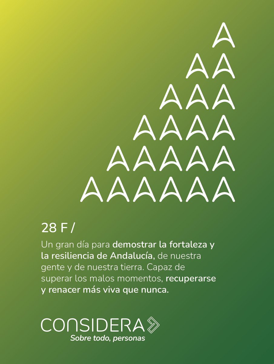 Hoy celebramos la fortaleza y la resiliencia de Andalucía.
De nuestra gente. De nuestra tierra.
Una tierra que supera las dificultades y mira al futuro con determinación.
En #CONSIDERA trabajamos por la acción climática y un desarrollo sostenible con impacto real.
Feliz #28F💚