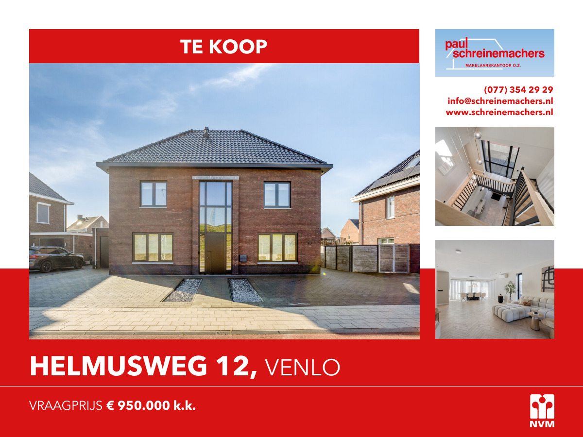 ❗NIEUW IN DE VERKOOP❗
Helmusweg 12, Venlo
Vraagprijs €950.000,- k.k.

Luxe vrijstaande villa in een rustige woonwijk, gebouwd in 2024. Topkwaliteit afwerking, met airconditioning, vloerverwarming, zonnepanelen en energielabel A+++.

schreinemachers.nl/woningen/helmu…