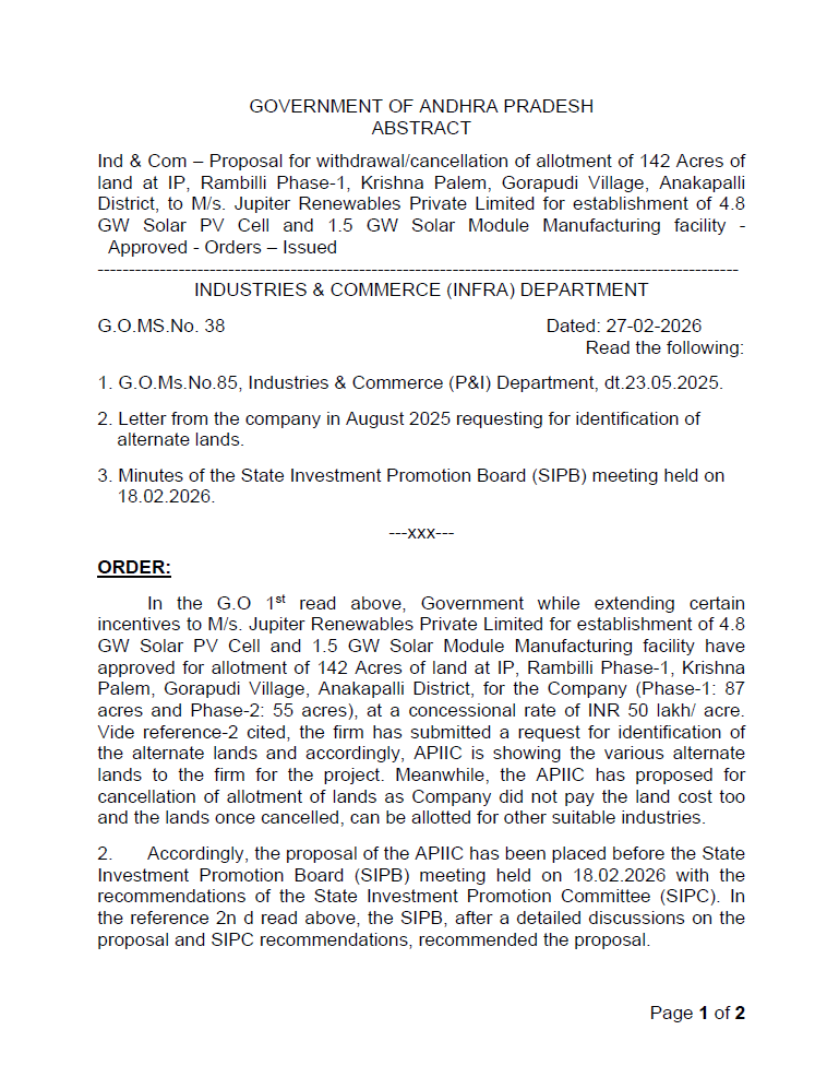 🚨GoAP cancels land allotments to Jupiter Renewables & Azad Mobility GO ...