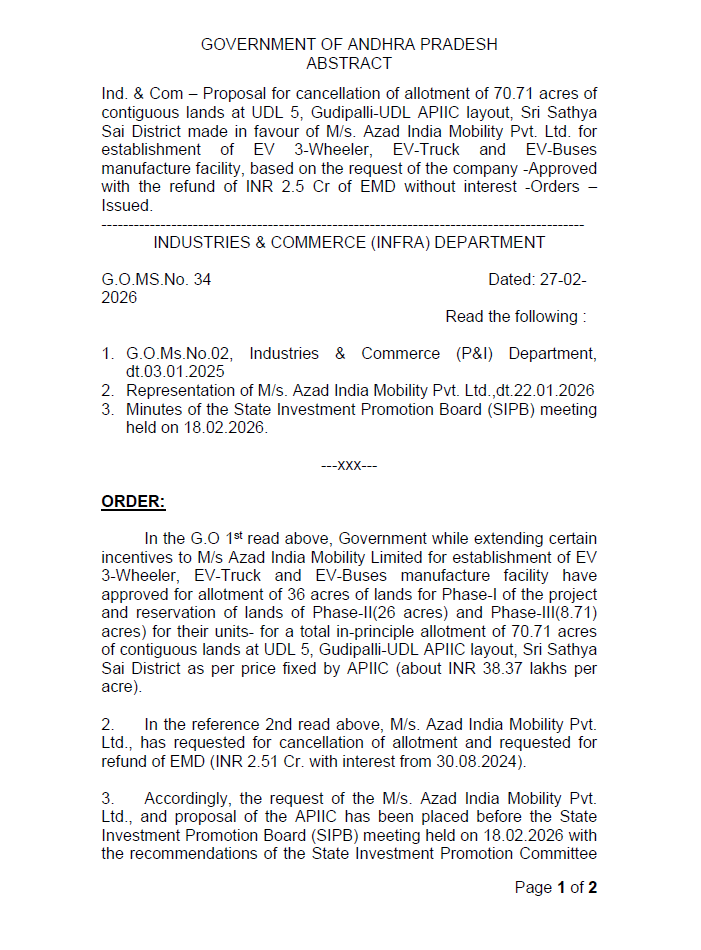 🚨GoAP cancels land allotments to Jupiter Renewables & Azad Mobility GO ...