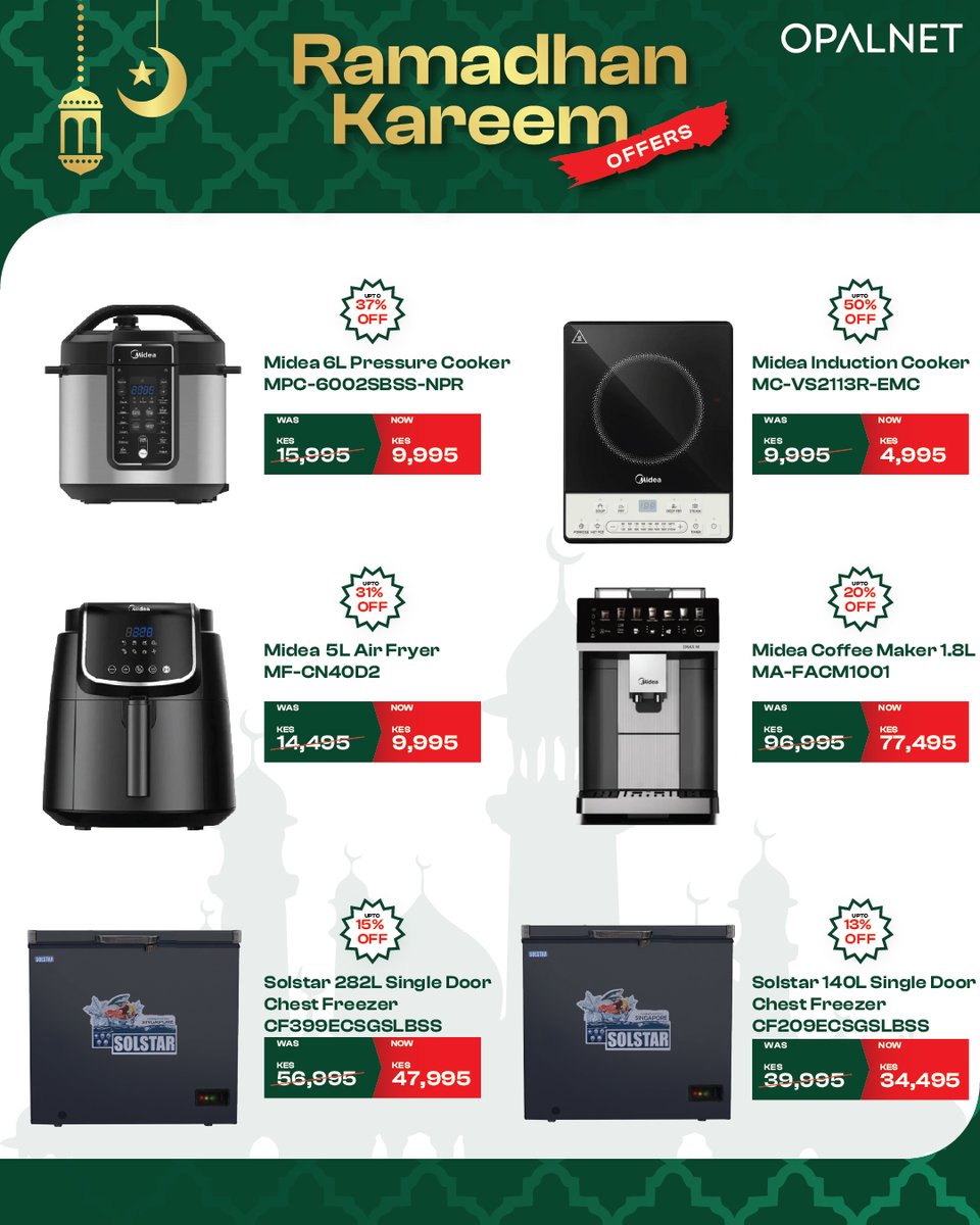 OpalnetLimited's tweet photo. Ramadhan Kareem! Visit us this weekend &amp; enjoy special Ramadhan offers on all your home appliance needs. Kenrail Towers | TRM | Adlife Plaza | Kitengela | T-Mall | Palm Breeze Nyali | Mombasa CBD  Shop online: https://t.co/izpn4GgqRv.keCall us: 0711 082 811 #Ramadhan #Opalnet https://t.co/BnaYYiXq4Y
