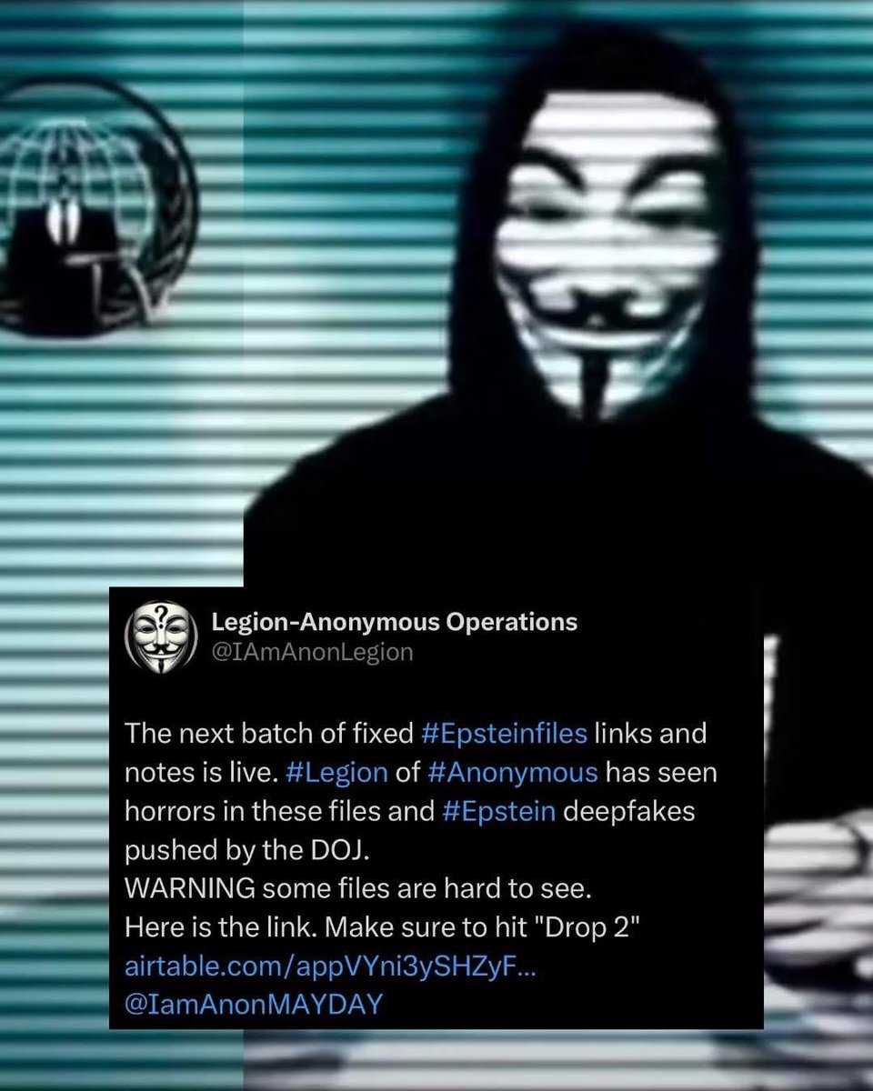 🚨 ALERTE INFO : 🌐 Anonymous affirme avoir percé les fichiers scellés d’Epstein et prévoit de les publier par lots dans les prochains jours.
•Le groupe avertit que « certains fichiers sont extrêmement difficiles à regarder ». (F)