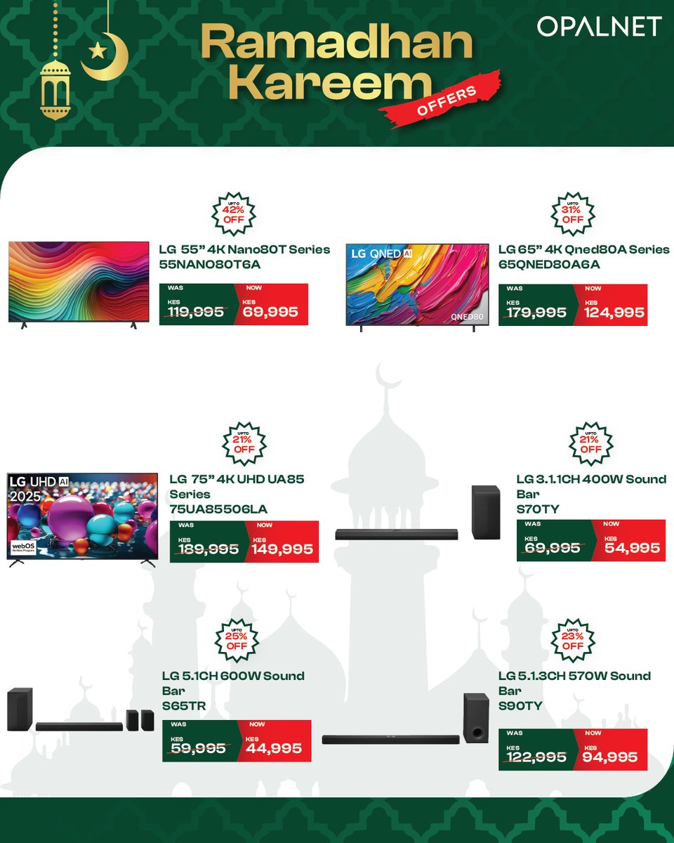 OpalnetLimited's tweet photo. Ramadhan Kareem! Visit us this weekend &amp; enjoy special Ramadhan offers on all your home appliance needs. Kenrail Towers | TRM | Adlife Plaza | Kitengela | T-Mall | Palm Breeze Nyali | Mombasa CBD  Shop online: https://t.co/izpn4GgqRv.keCall us: 0711 082 811 #Ramadhan #Opalnet https://t.co/BnaYYiXq4Y