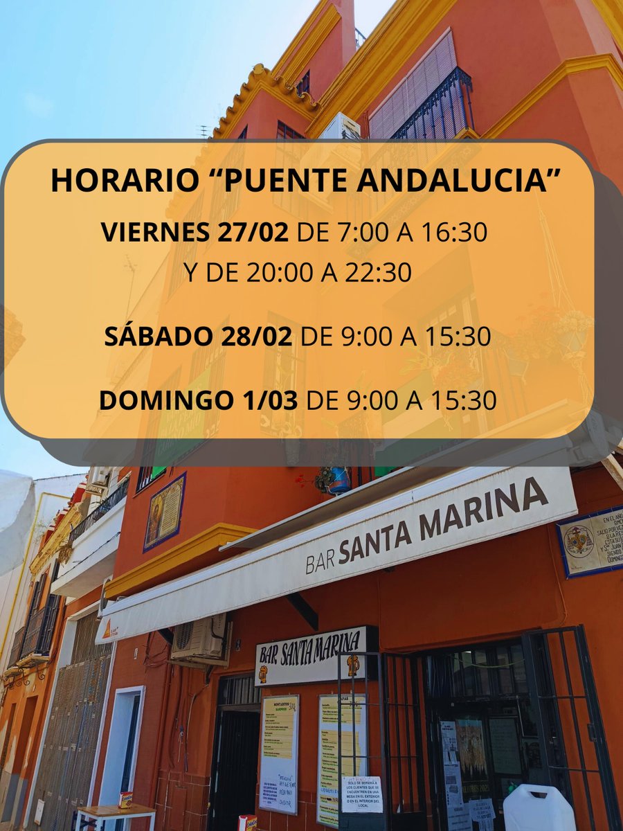 BarSantaMarina's tweet photo. Os dejamos por aquí el horario de este fin de semana tan andaluz!! https://t.co/aJ76rbfUXp