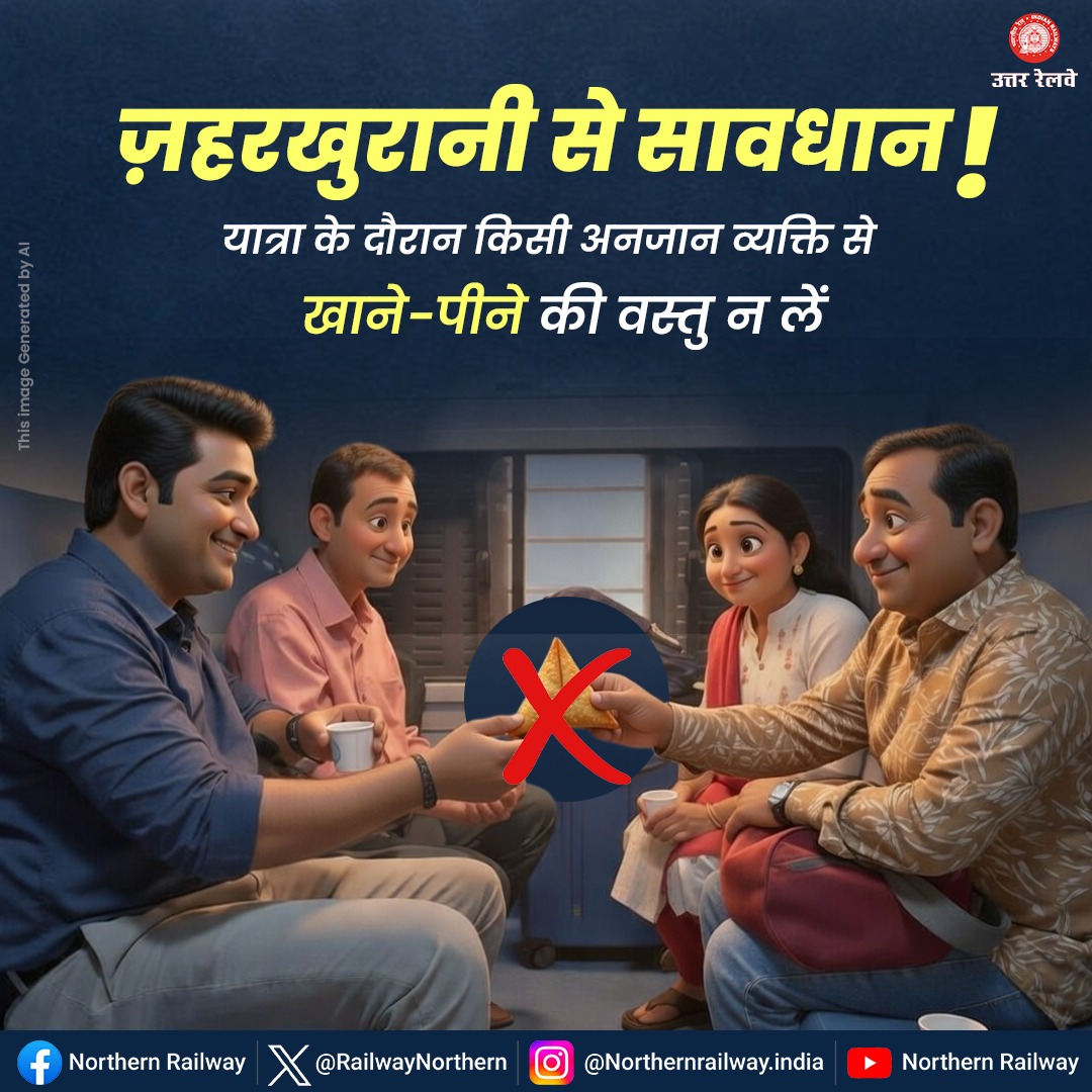 drm_umb's tweet image. सतर्कता ही बचाव है!

अपनी रेलयात्रा के दौरान अज्ञात/संदिग्ध सहयात्रियों के द्वारा दिए गए खाने-पीने की वस्तुओं का सेवन ना करें। 

सतर्क रहें और ज़हरखुरानी गिरोह से बचें!

#SafetyAwareness #NorthernRailway