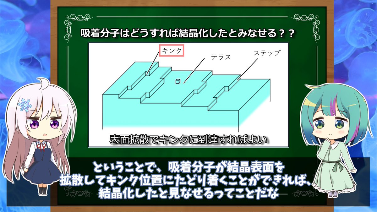 AnNegitoro's tweet photo. 次回の「結晶成長学第４回」の動画を作ってますが、
過去一番で内容が難しいです笑

作るのも大変💦

ですが、
ファセット成長する結晶を作っていく以上、
界面付着カイネティクスの議論は必要不可欠なので、
少しでもわかりやすくまとめられるよう頑張りたい‼ https://t.co/gsKCi21qTN