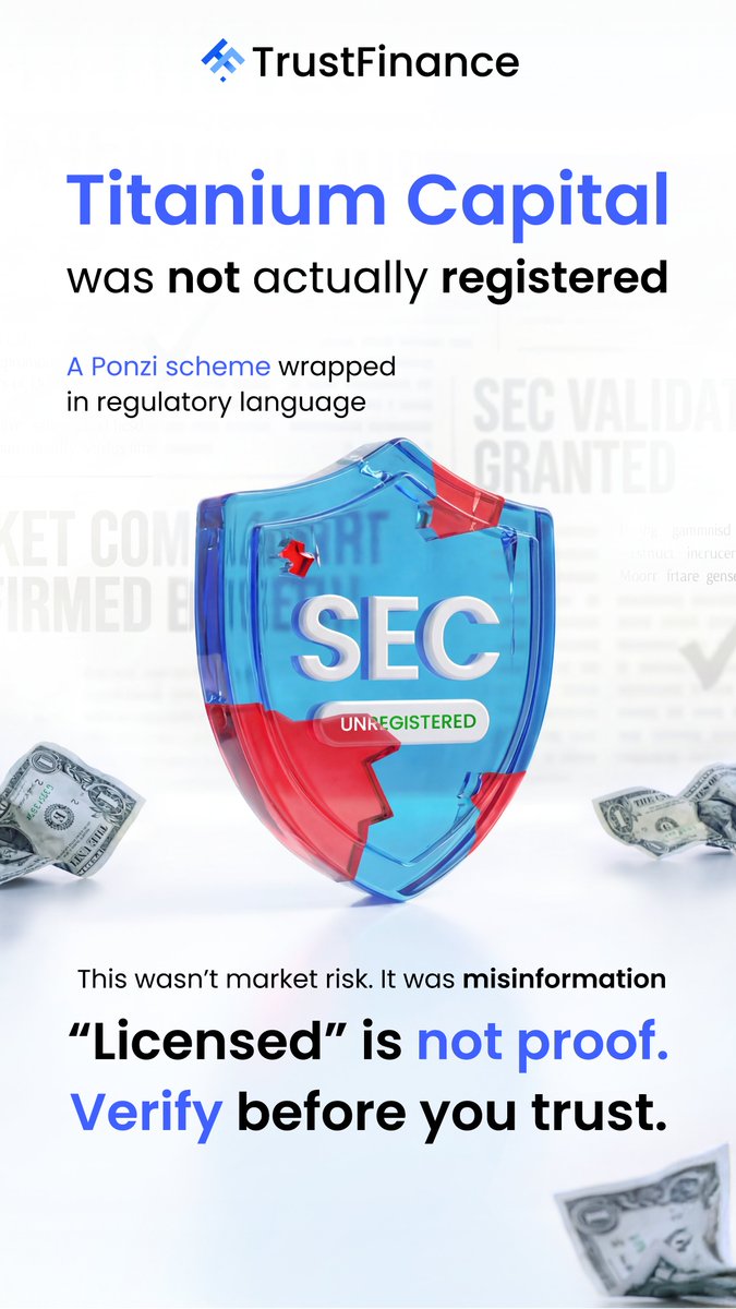 He said: “We are registered with the SEC.”

Over 160 investors believed it.
At least $5.3 million was lost.
(SEC Press Release No. 2023-251)

Titanium Capital was not actually registered as claimed.
No hype.

No crazy returns.
Just one powerful word: SEC.

Money from new