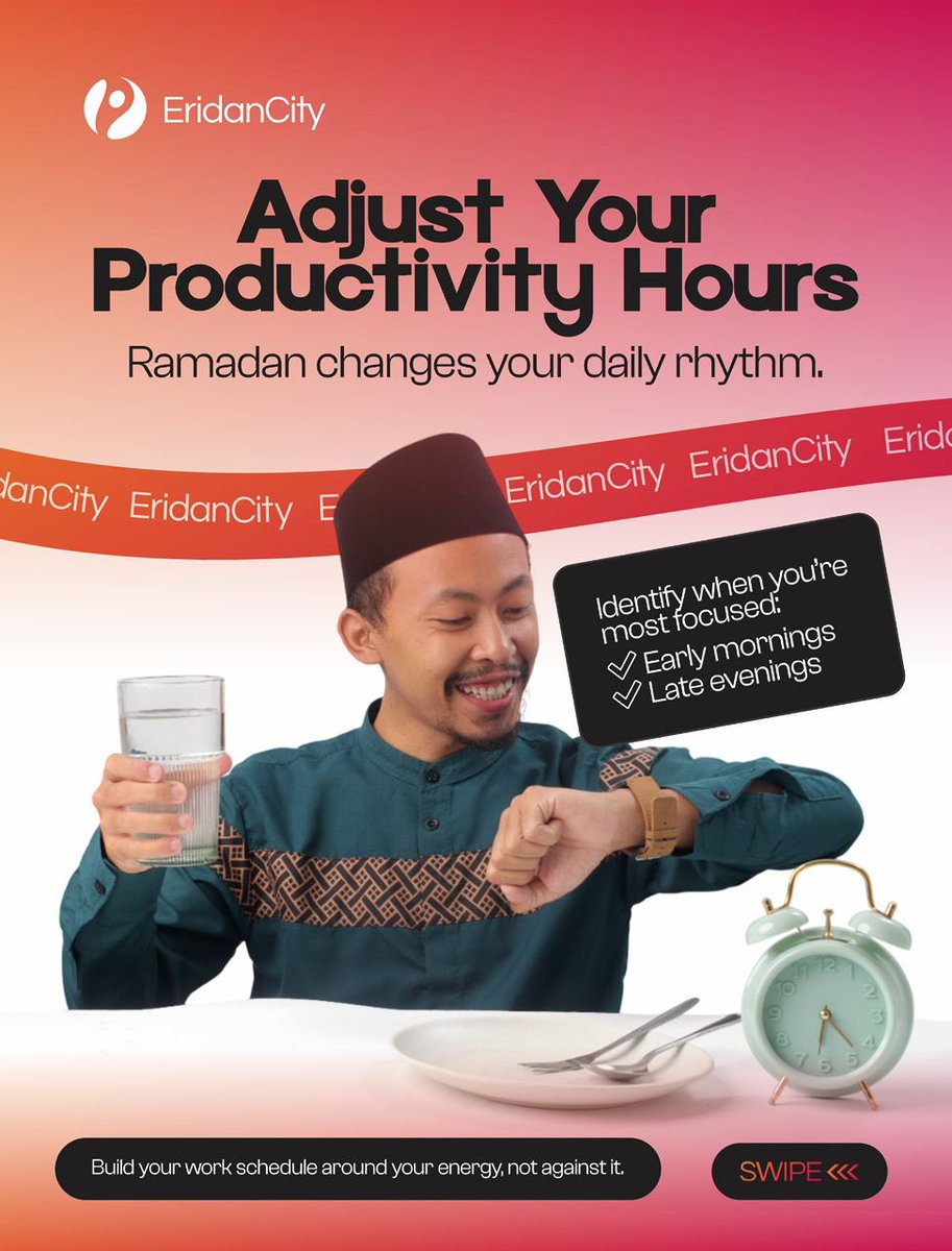 Eridan_city's tweet photo. Ramadan is a season of intention in faith and in work. 🌙✨

Plan with purpose.
Protect your energy.
Simplify your goals.

Let your routine support your peace and productivity this month.

#RamadanAtEridan #WorkWithIntention #RamadanRoutine #EridanCity #Productivity https://t.co/JJ9VU6UkrA