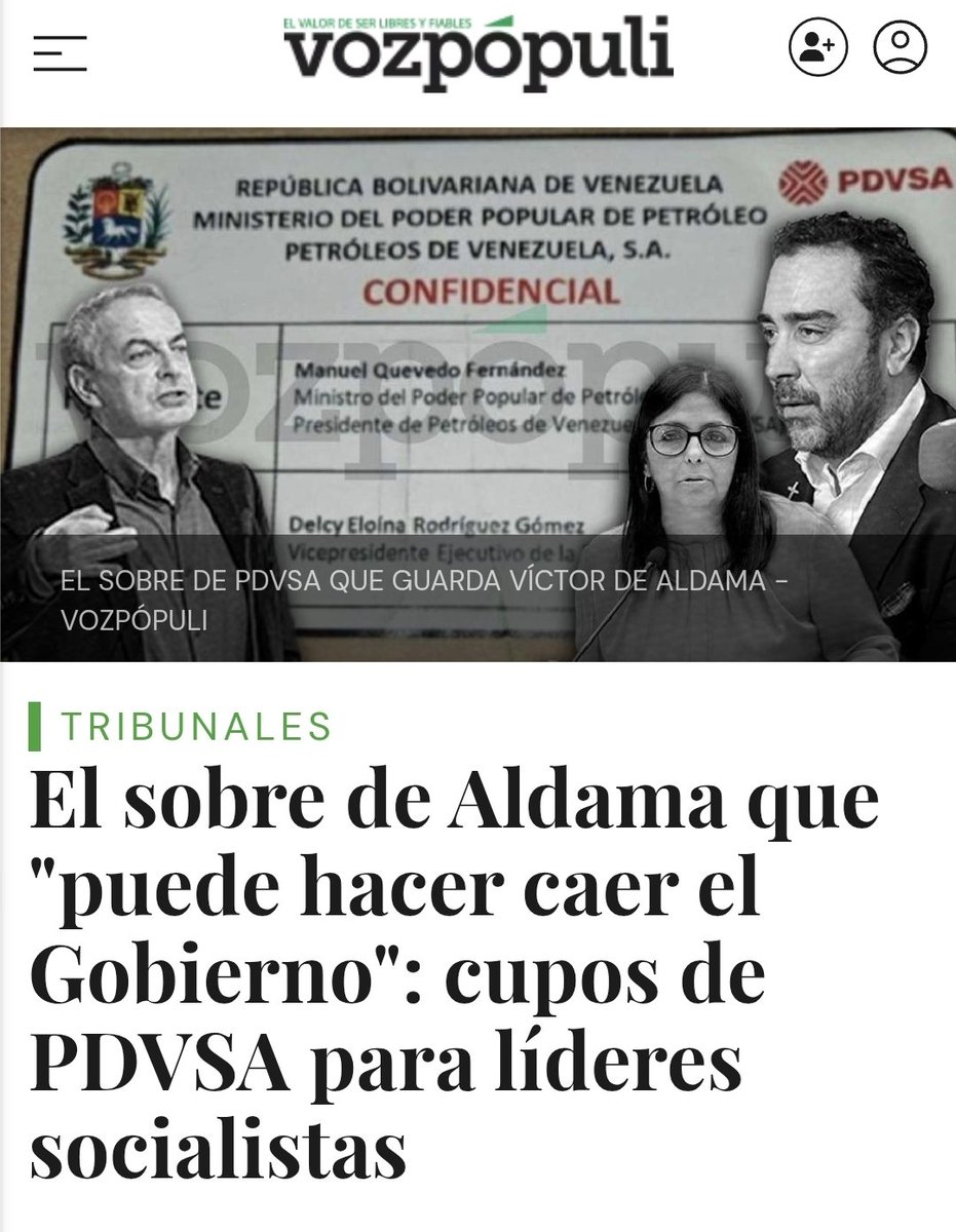 PSOE Y CHAVISMO 
FINANCIACIÓN ILEGAL DEL PSOE 

📢 TIC TAC TIC TAC

‼️‼️ El sobre de Aldama que "puede hacer caer el Gobierno": pruebas de pagos de PDVSA a líderes socialistas.

Aldama debe entregar este miércoles en la AN una información que, asegura, hará que Sánchez "acabe en