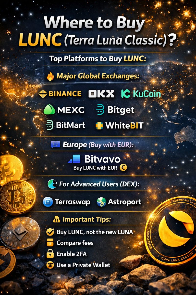 🌍 Where to Buy LUNC (Terra Luna Classic) + Links
Here are the most popular platforms around the world where you can buy LUNC 👇
🔥 Major Global Exchanges
Binance binance.com – Buy Terra Classic (LUNC)⁠� – one of the biggest crypto exchanges with multiple payment