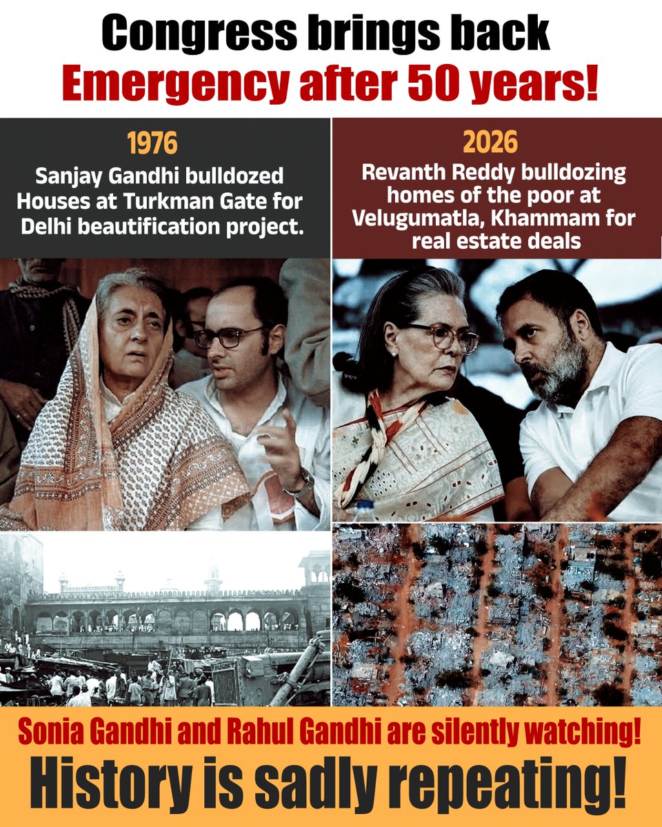 Congress brings back emergency after 50 years! 

Decades pass but the Congress  govt bulldozing houses for their vanity projects remains the same. 

History sadly is repeating itself in Telangana!
