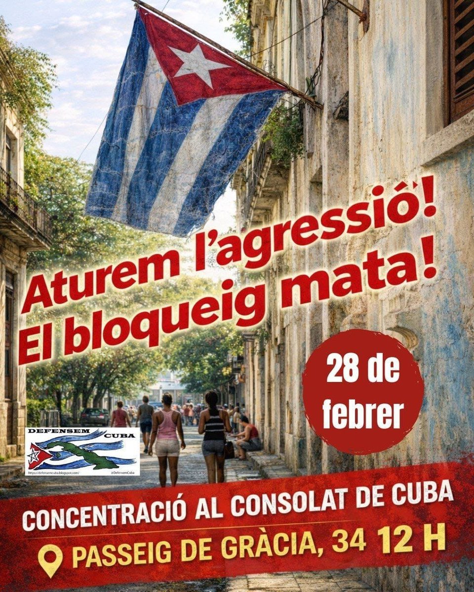 EUCat's tweet photo. 🔴 Aquest 28F, als carrers!

🏠 18:30h – Pl. Sant Jaume
PROU EXCUSES! PISOS PER VIURE-HI

🇨🇺 12h – C/ Pg. Gràcia, 34 (Consolat de Cuba)
ATUREM L'AGRESSIÓ! EL BLOQUEIG MATA!

Sense por. Sense excuses. Ens veiem al carrer! ✊🔥

#28F #Viviendadigna #PatriaOMuerteVenceremos https://t.co/yXfpUpQwao