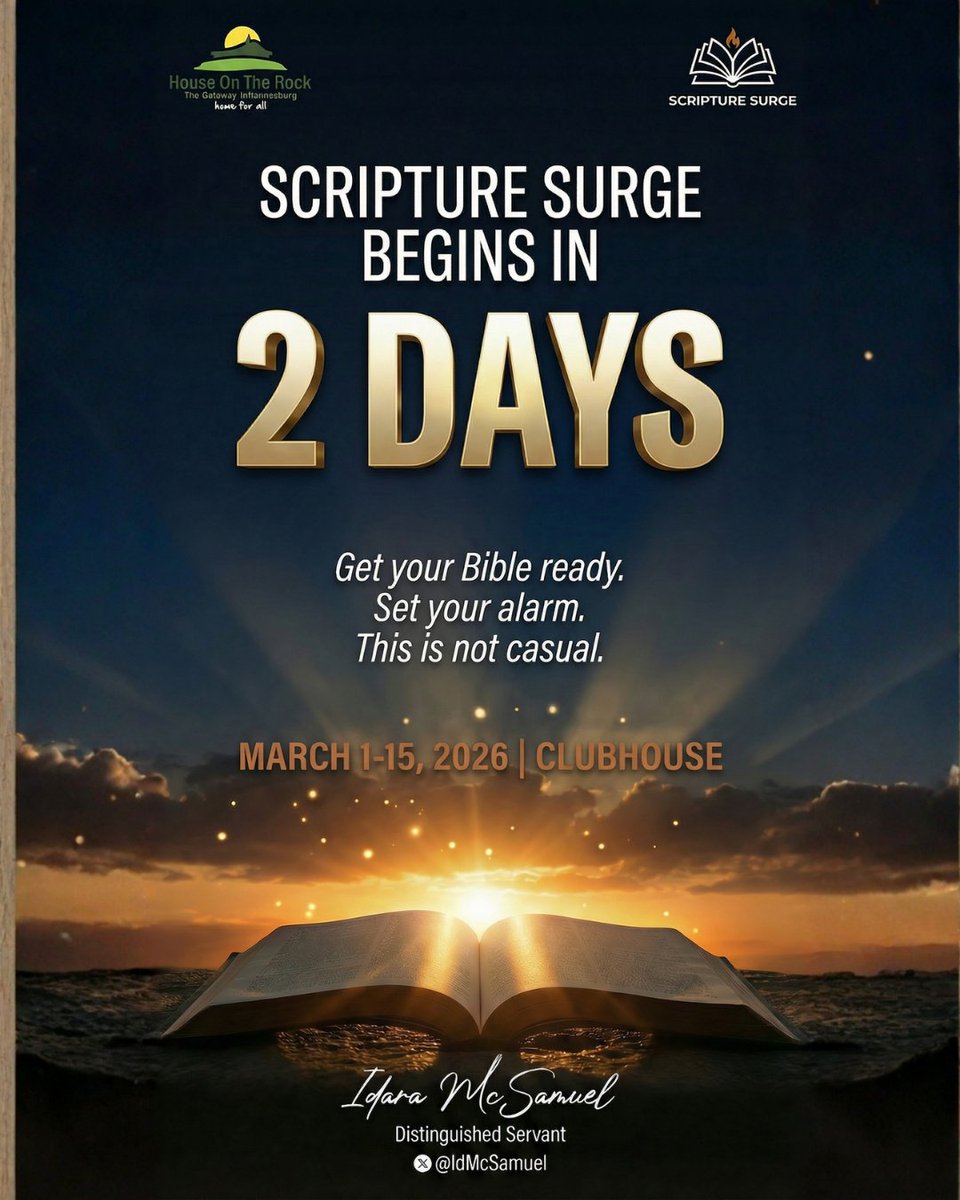 HOTR_SA's tweet image. Two days. Get your Bible ready. Set your alarm. This is not casual. We are about to embark on a journey through every single chapter of the Bible.

Join the Scriture surge: clubhouse.com/house/scriptur…

#ScriptureSurge #Urgency #ReadWithUs #BibleChallenge #HOTR
