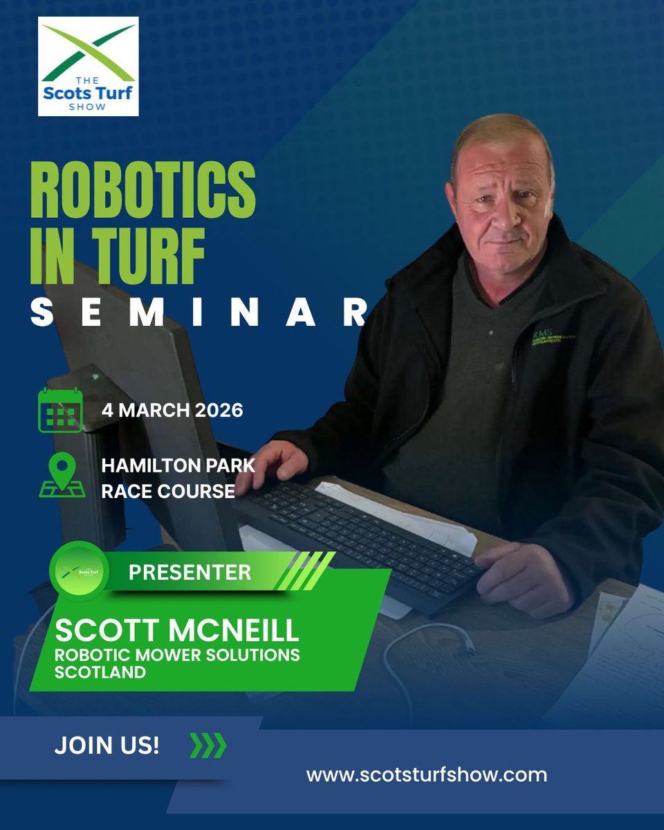 ScotsturfShow's tweet photo. Scott McNeill joins Scots Turf to discuss what automation really means for clubs and contractors across Scotland.

His session focuses on where robotics adds value and what it changes on site.

Register: https://t.co/9SciFJ50bk https://t.co/WeFkaHUGLn