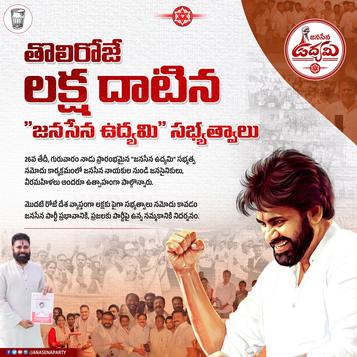 JanaSenaParty's tweet photo. తొలిరోజే లక్ష దాటిన "జనసేన ఉద్యమి" సభ్యత్వాలు.

#JanasenaUdyami https://t.co/5uygeqDCju